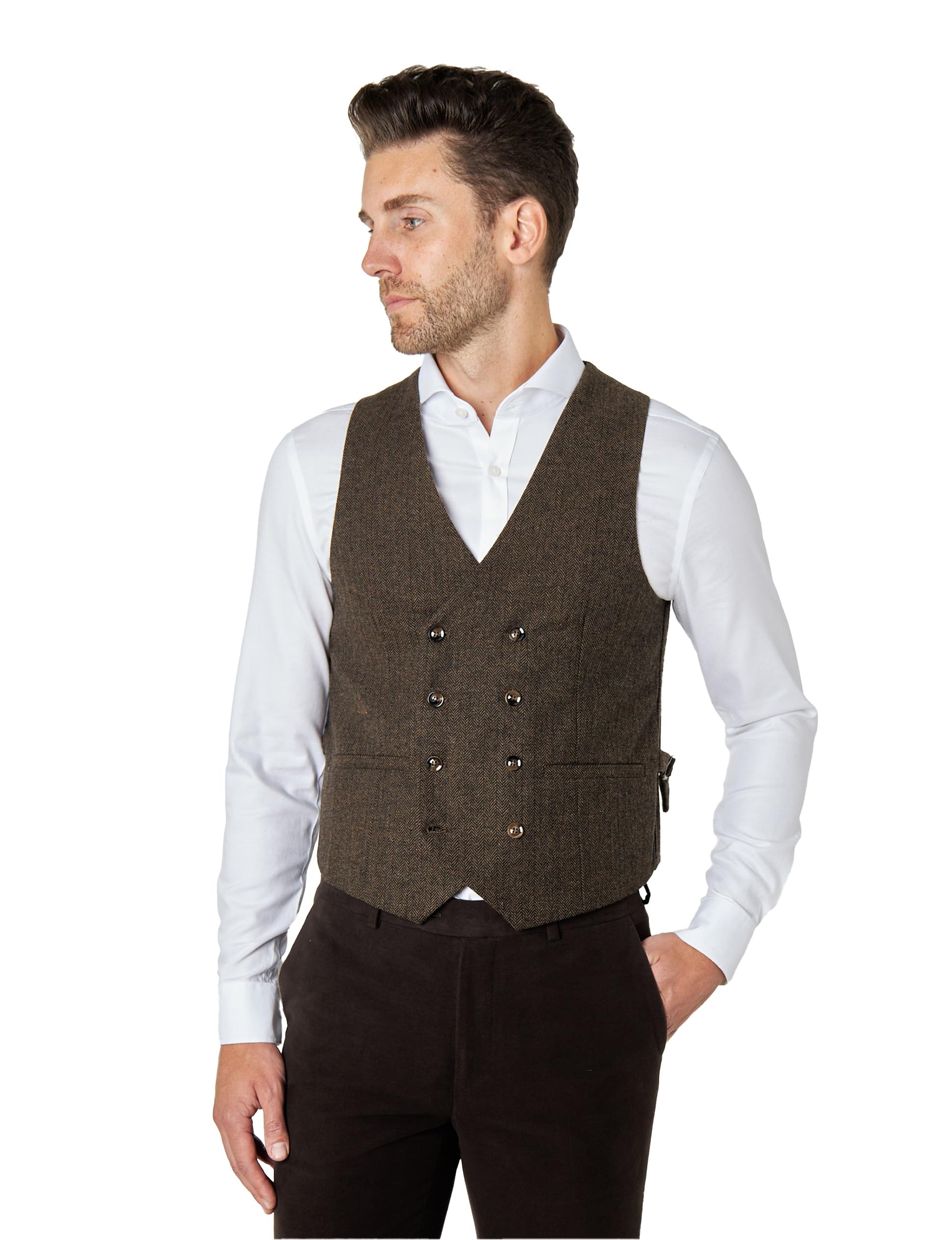 Xposed JAX Mens Herringbone Waistcoat Double Breasted Smart Retro Tailored Fit Waistcoat 1920s Vest [WDB-JAX-BROWN-46]