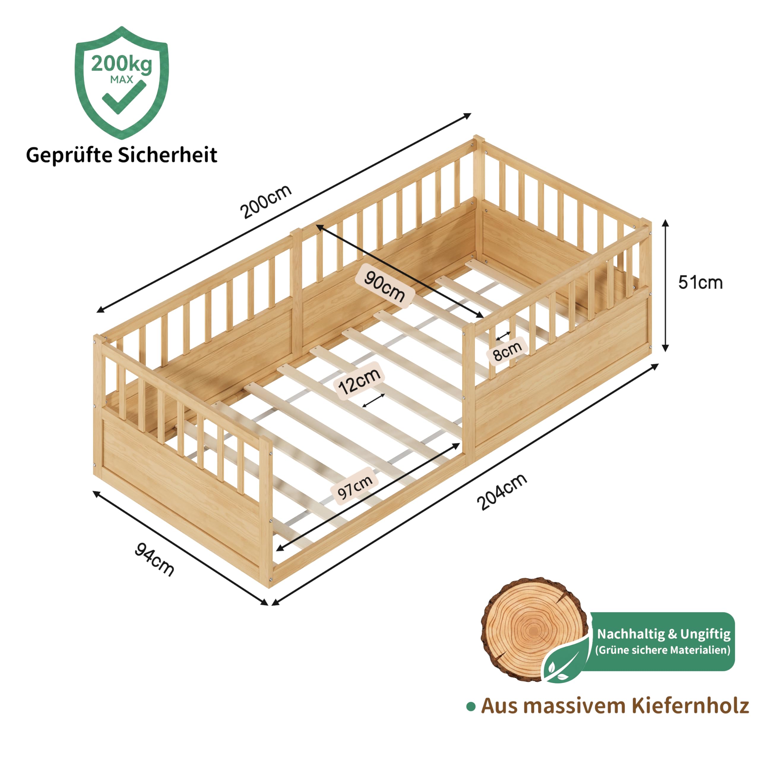 Montessori Bodenbett 90x200 51cm Rausfallschutz Massivholz Natur