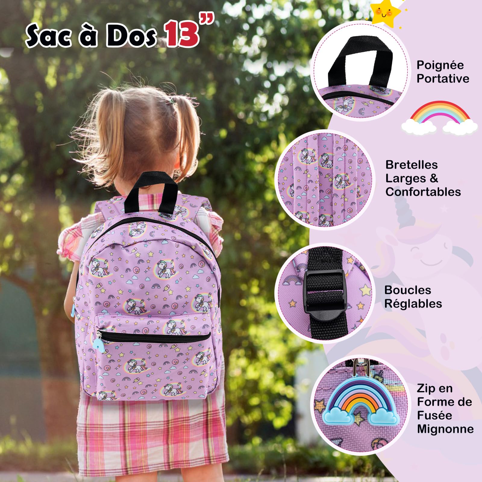 DREAMADE Valise Enfant 16" et Sac à Dos 13" avec Oreiller Cervical&Sac-Repas Isolé&Étiquette,Bagage à Main Enfants 5 Pièces avec 4 Roues à 360°,Ensemble Valise Roulette Garçon Filles (Licorne Rose)
