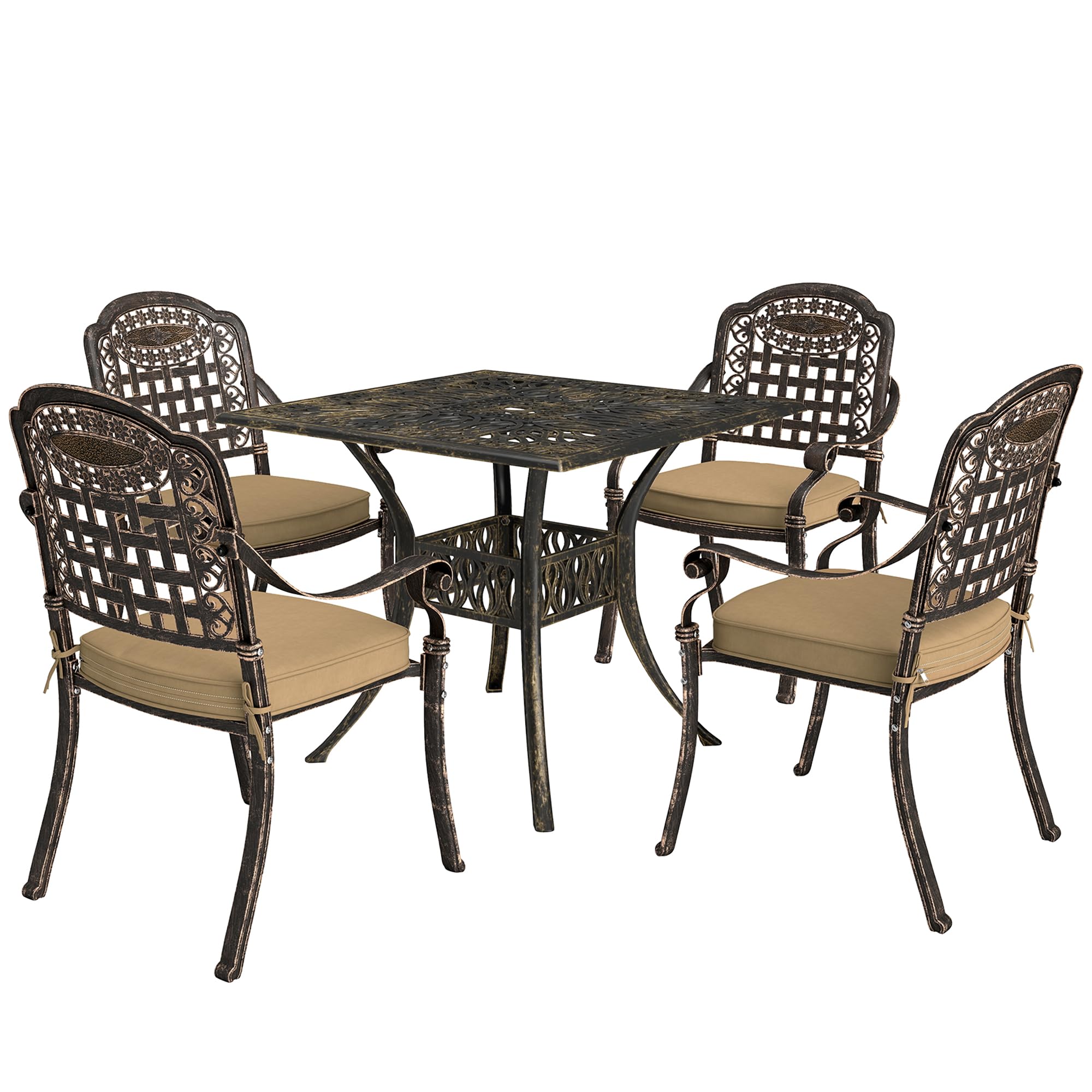 Rackhams Bronze 5 Pieces Cast Aluminium Garden Dining Set With Parasol Hole, - Tone - Cast Aluminium, Polyester - 90L X 90W X 74Hcm