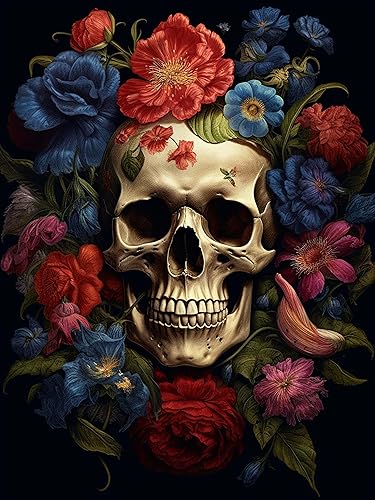 Miniatura 8 de Reofrey Kits de arte de diamantes de bricolaje para adultos, esqueleto, flores, taladro completo, redondo, diamantes de imitación, kit de pintura de