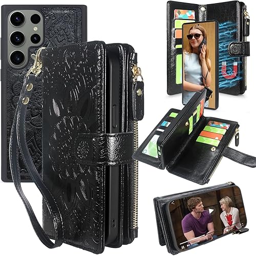 Harryshell Funda de cuero desmontable con cremallera magnética con bolsillo para monedas, 12 ranuras para tarjetas, correa de muñeca para Samsung