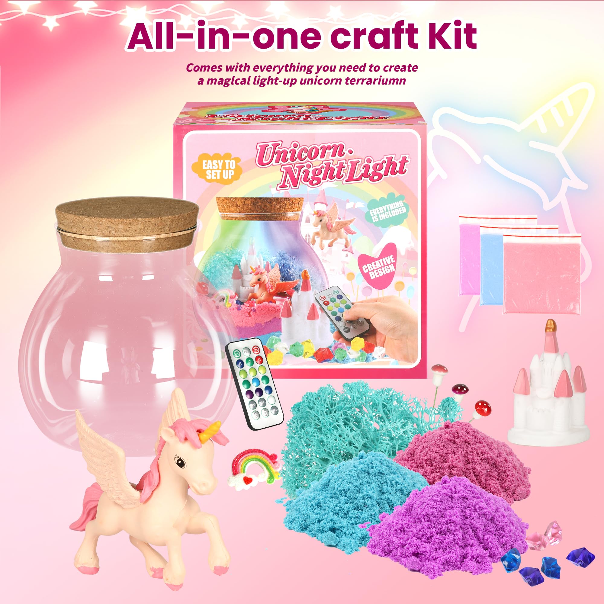 Doyran Regalo unicorno per ragazze, con unicorno luminoso, terrario per bambini, luce notturna fai da te, regalo di compleanno per bambini di età compresa tra 4, 5, 6, 7, 8, 9, 10, 11 e 12 anni