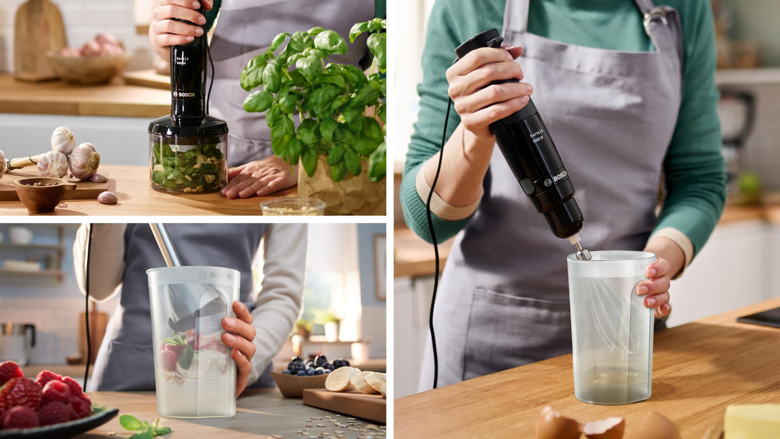 Bosch Serie 4 Frullatore a Immersione ErgoMaster MSM4B621, 1000 W, Ergonomico, Regolazione Dinamica della Velocità, Lame in Acciaio Inox, Tritatutto e Frusta Inclusi, Bicchiere Graduato, Nero