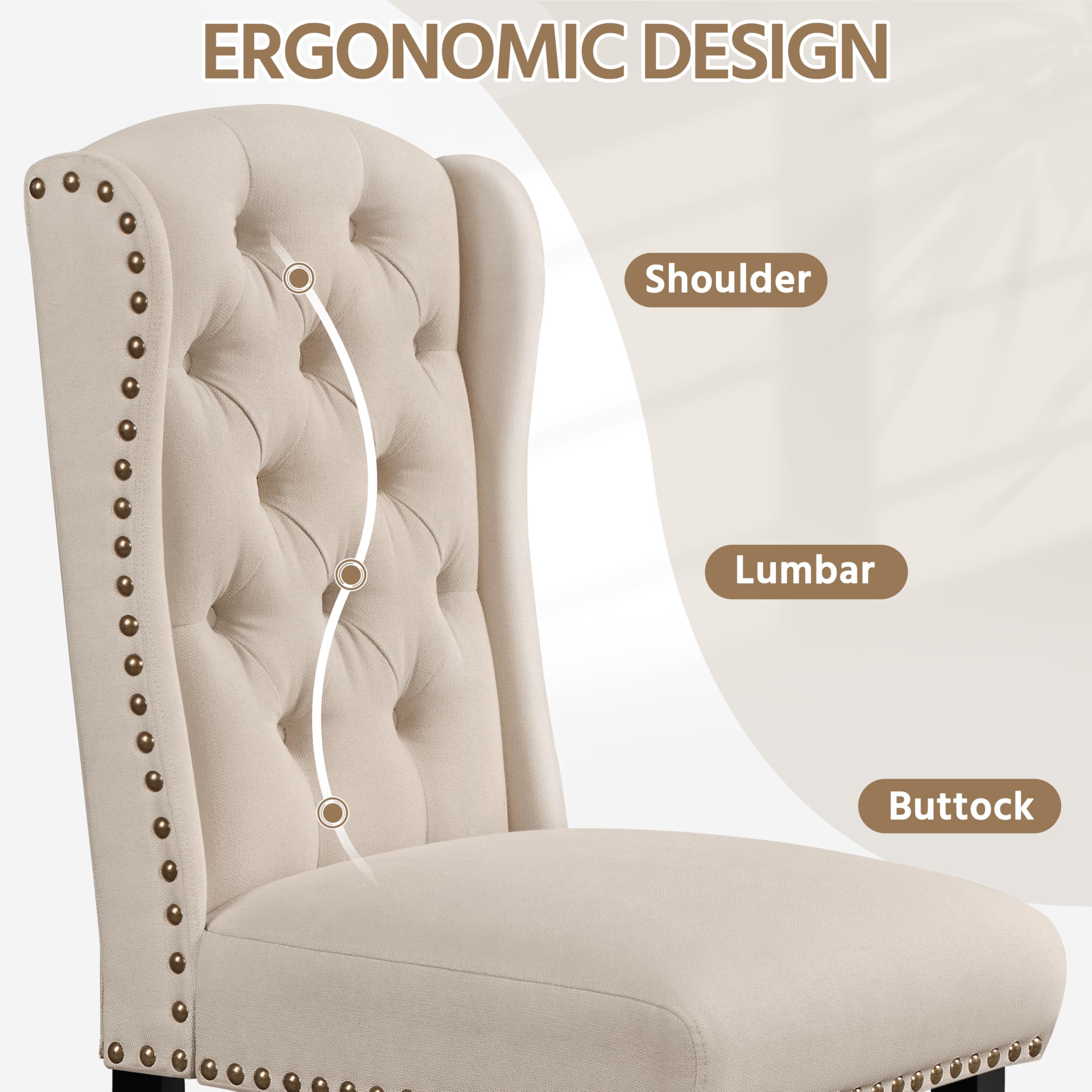 Yaheetech Set 2 Sedie Sala da Pranzo Tessuto Imbottite Eleganti Gambe in Legno Massello Schienale Alto con Bottoni Portata 140 kg Beige