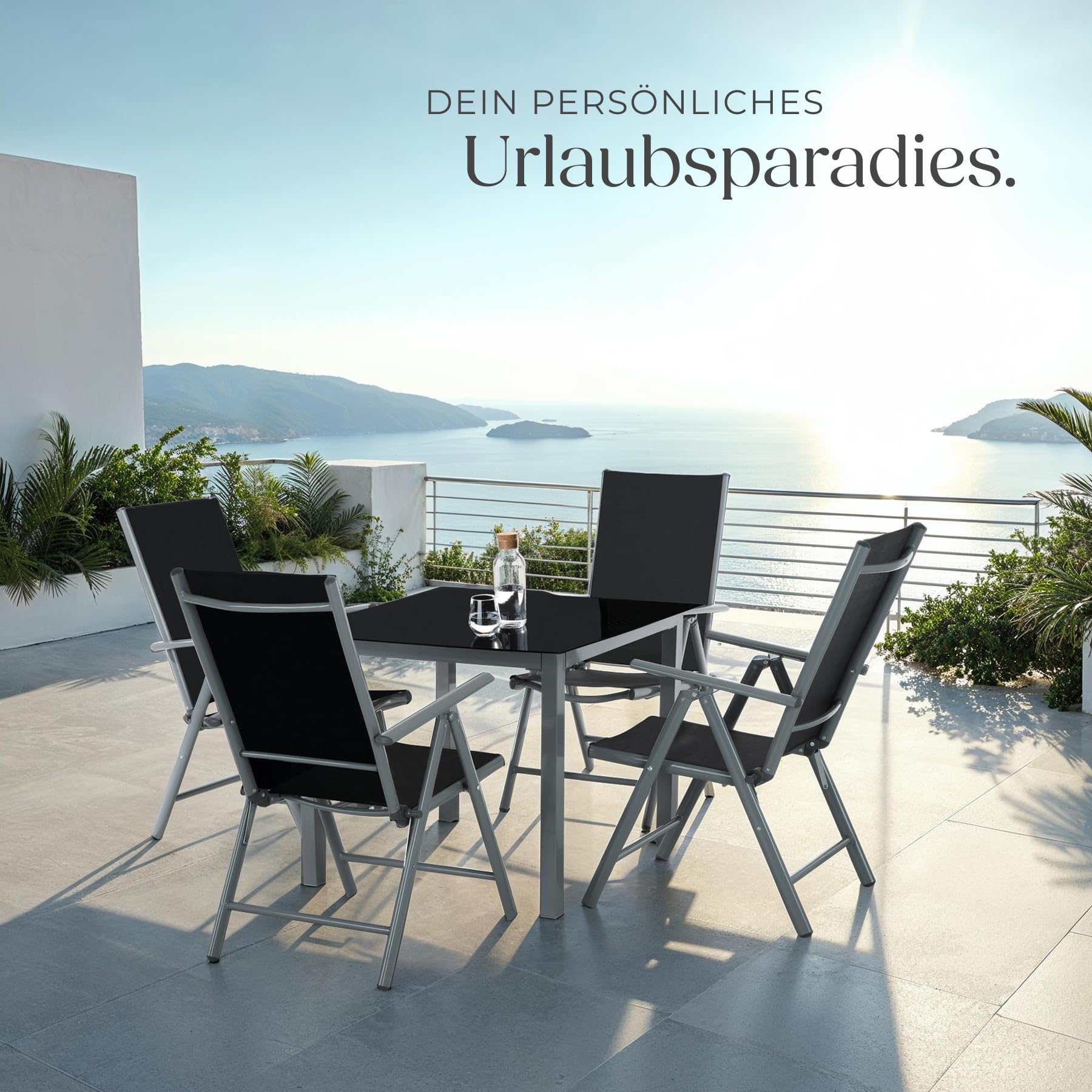 tectake® Gartenmöbel Set mit Tisch und 4 klappbaren Stühlen mit Verstellbarer Rückenlehne, Aluminium Gartenmöbel 4+1, Sicherheitsglas Tischplatte, Gartentisch mit Stühlen, wetterfest - anthrazit
