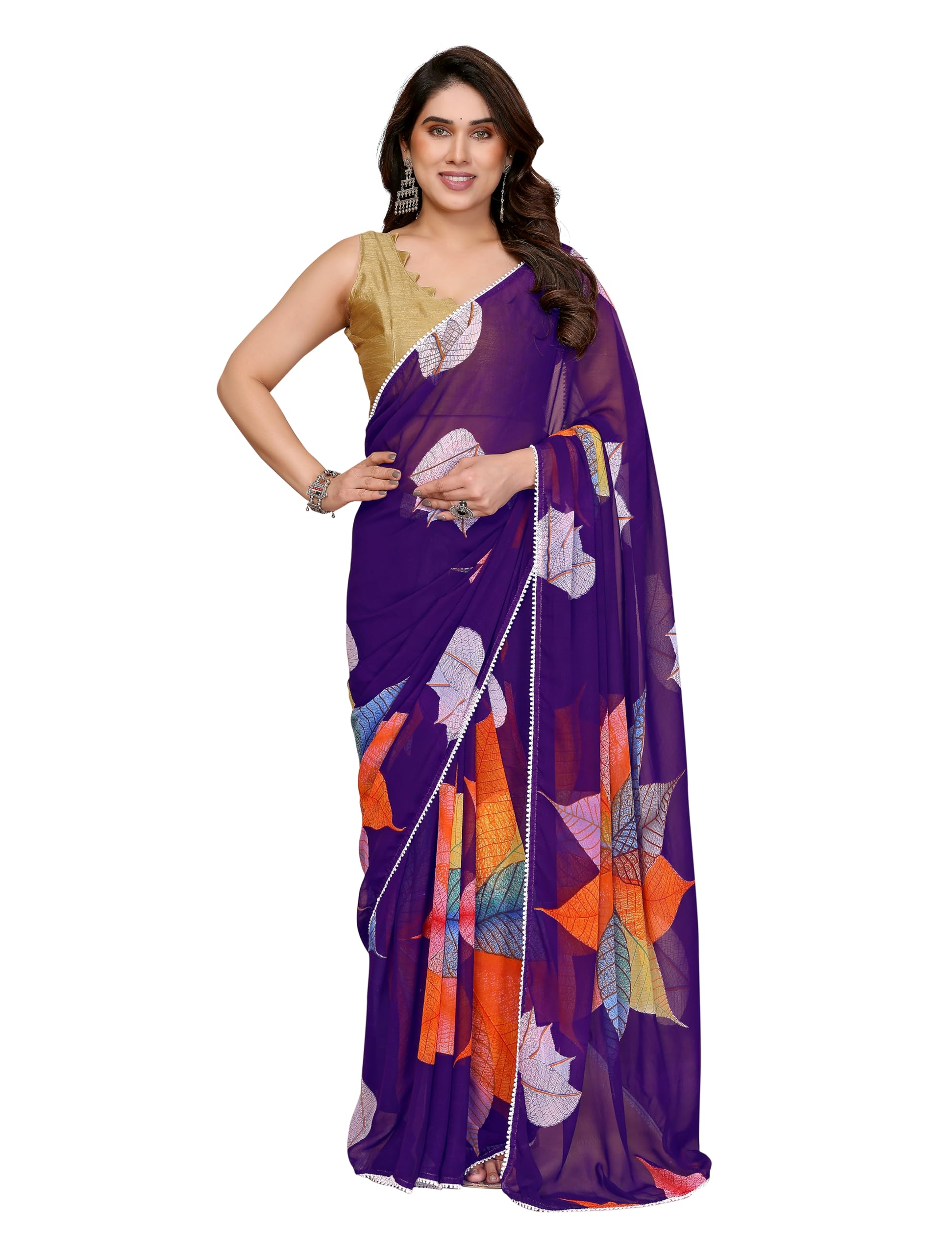 MOHIT CREATIONS Women's Party Wear Georgette Printed Border Ready To Wear Saree With Unstiched Blouse Piece