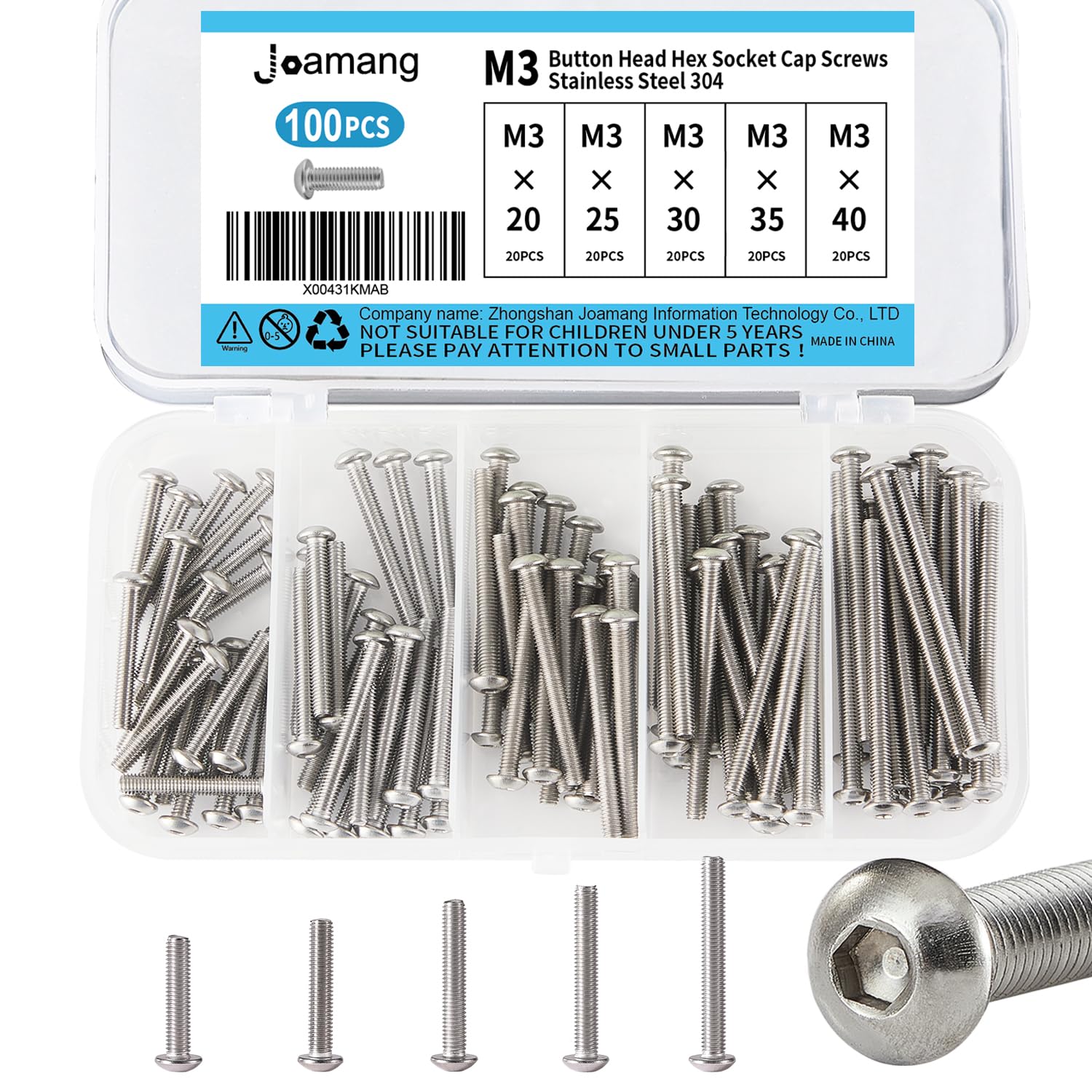 Joamang M3 x 20mm 25mm 30mm 35mm 40mm Button Head Socket Cap Screws Bolts, Stainless Steel 304, Metric Allen Hex Drive, Bright Finish, Fully Threaded,