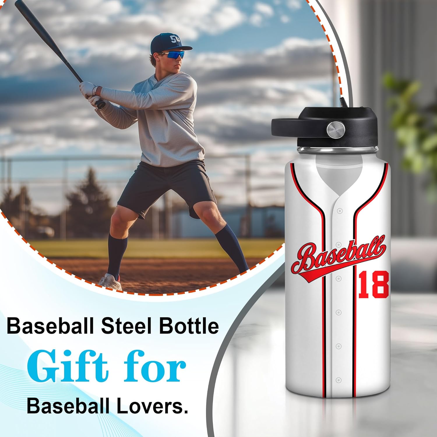 Hyturtle Personalized Baseball Water Bottle - Custom Name Travel Insulated Stainless Steel Bottle with Leak-Proof Lid 18 oz 32 oz - Baseball Water Bottles For Boys, Men - Birthday & Christmas Gift