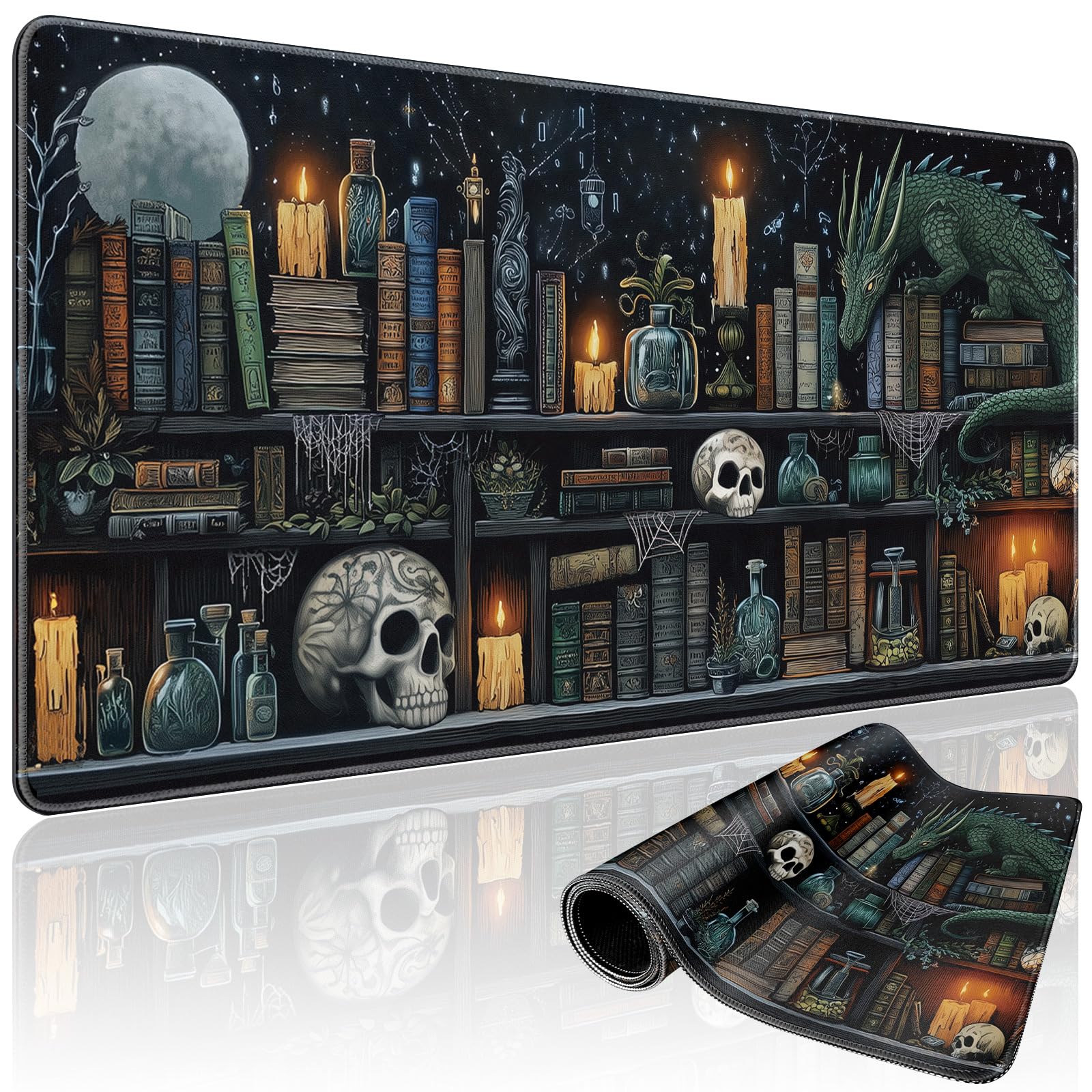 Mystical Gothic Library Large Gaming Mouse Pad 31.5"x15.7"｜ Vintage Book-Themed XXL Desk Mat, Non-Slip Rubber Base & Stitched Edges - Extended Mousepad for PC/Laptop/Office/Home Decor