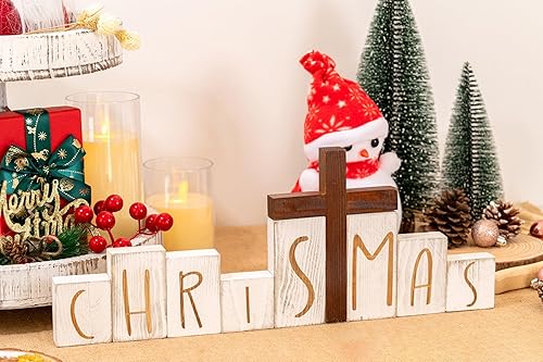 Miniatura 8 de Decoración navideña de granja, juego de bloques de Navidad con cruz, letreros de madera de pesebre primitivo, bloques rústicos desgastados