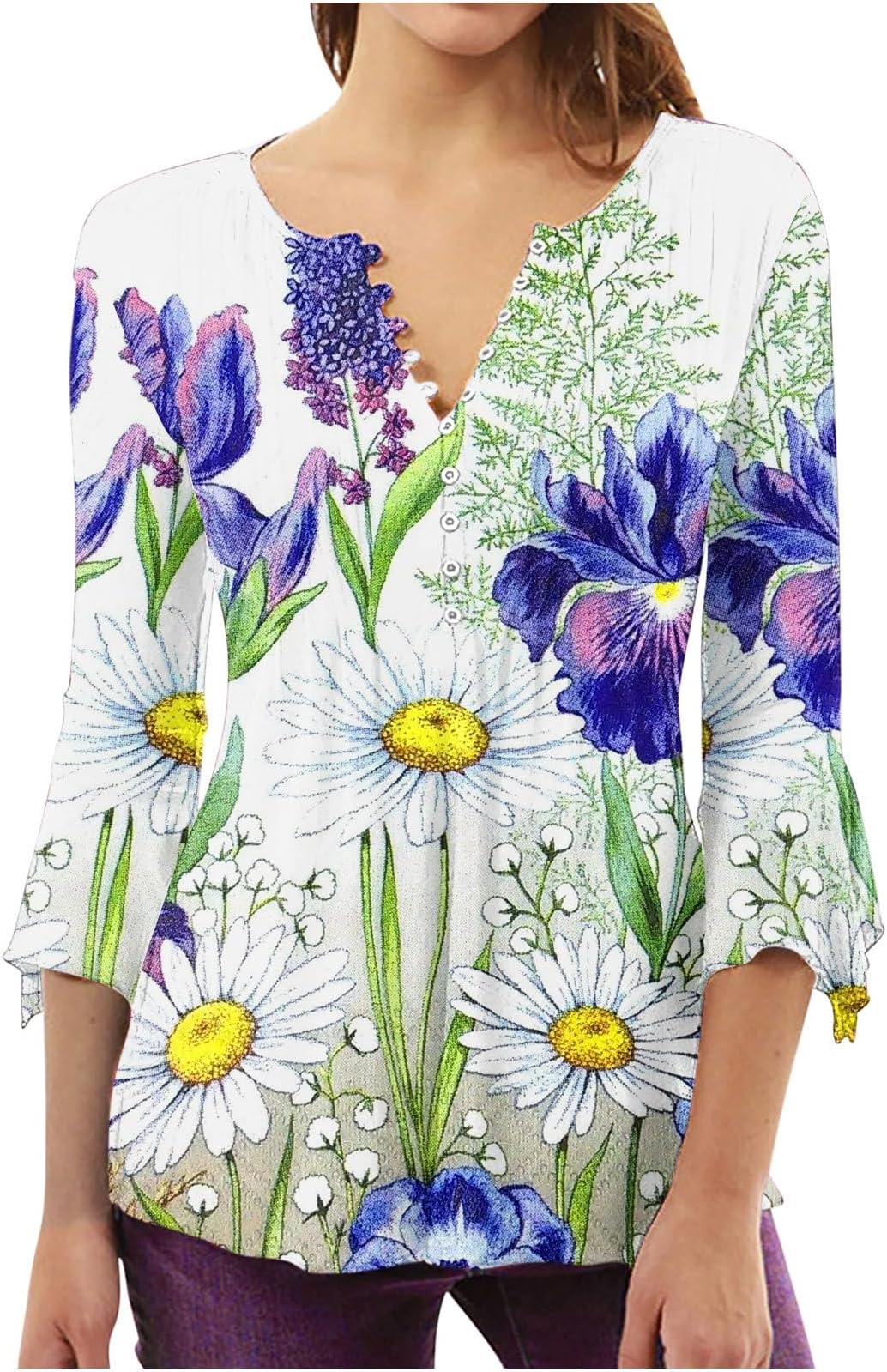 Womens 2023 Summer Tops Casual T-Shirt Button V-Neck Pleated Tunic Tops for Leggings Loose 3/4 Sleeve Blouse Shirt
