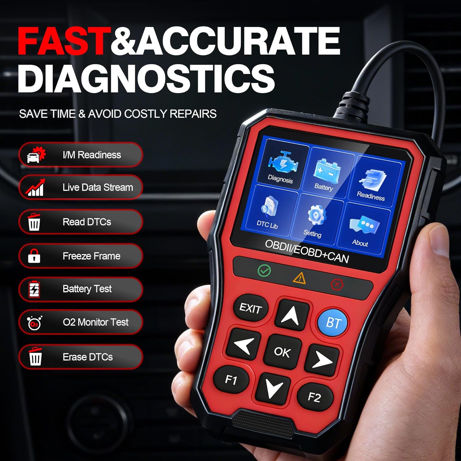 OBD2 Scanner Diagnostic Tool,Car Code Reader with Battery Tester, Check Engine Code Reader with Reset OBDII, Real-Time Date, DTC Lookup,Scan Tool for All OBDII Protocol Cars Since 1996