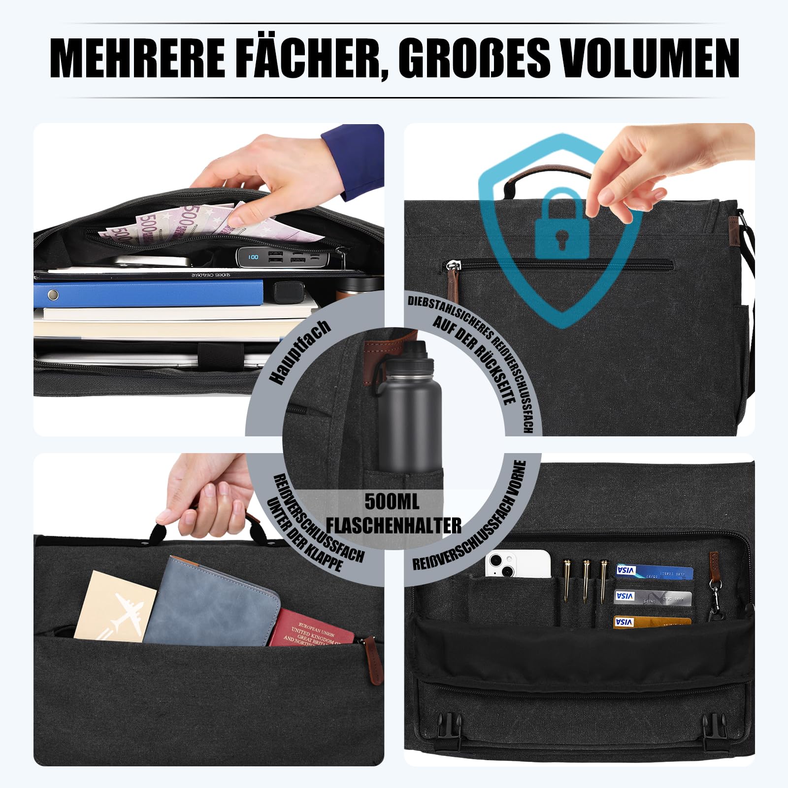 Eshow Umhängetasche Herren Wasserabweisend, Laptoptasche 15,6 Zoll aus Echtleder und Canvas, Messenger Bag Arbeitstasche Schultertasche Vintage für Arbeit Uni Freizeit Büro Schwarz