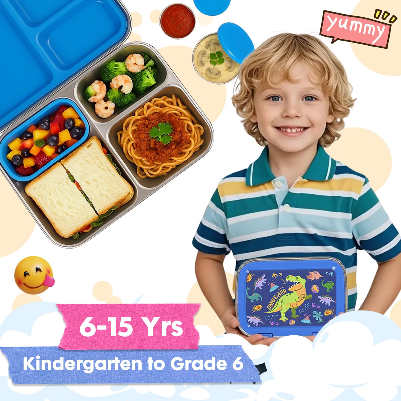 Edelstahl Brotdose Kinder mit 3 Fächern und Dichtring 950ml Lunchbox Personalisiert , BPA-freie, Auslaufsicher, 3 Containers Bento Box für Picknick Schulschüler Mittagessen Snack (Dinosaurier)
