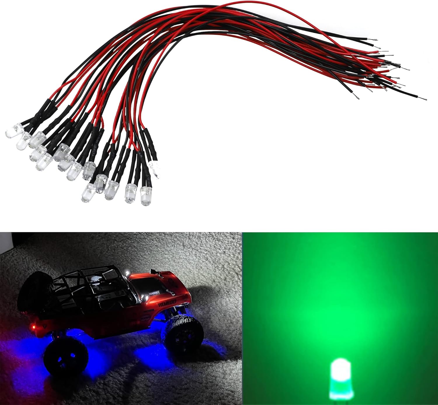 15PCS HIRCQOO RC Car 3MM & 5MM Pre Wired Led Light Emitting Diodes 12V Mini Single Led Bulbs Compatible with Traxxas TRX-4 TRX-6 Axial SCX10 90046 1/10 RC Crawler Car Truck DIY Parts (5mm,Green)