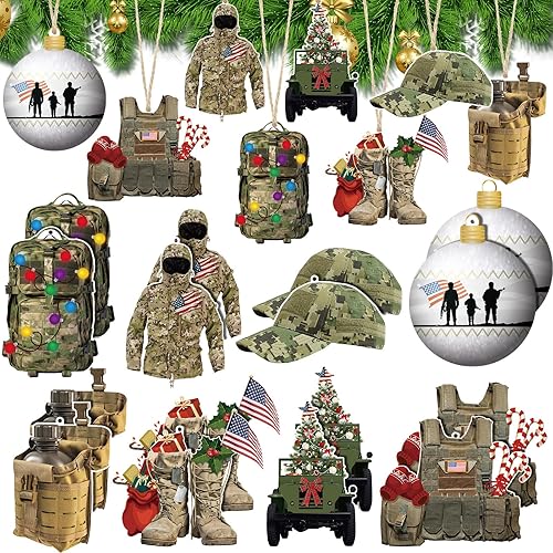 24 Pcs Army Ornaments for Christmas Tree Military Christmas Decorations Veteran Wooden Gifts Ornaments United States American Soldier Vehicle Boots