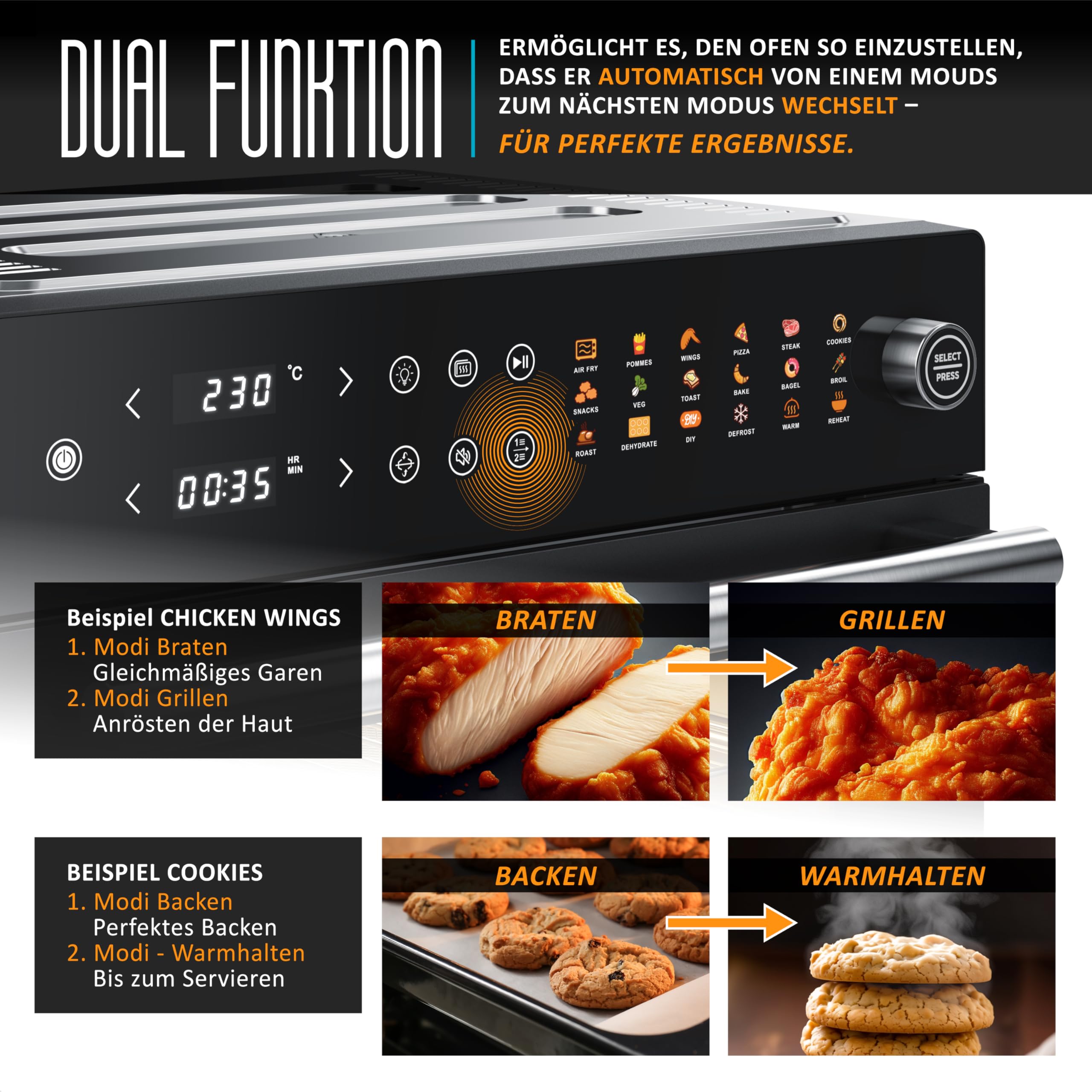 Arendo - Minibackofen 30l - Heißluftfritteuse 30 Liter - Edelstahl - Multifunktionsofen Umluft - mini Backofen Airfreyer XXL - 1800 Watt - Ofen mit 18 Programme - großer Innenraum mit 4 Ebenen