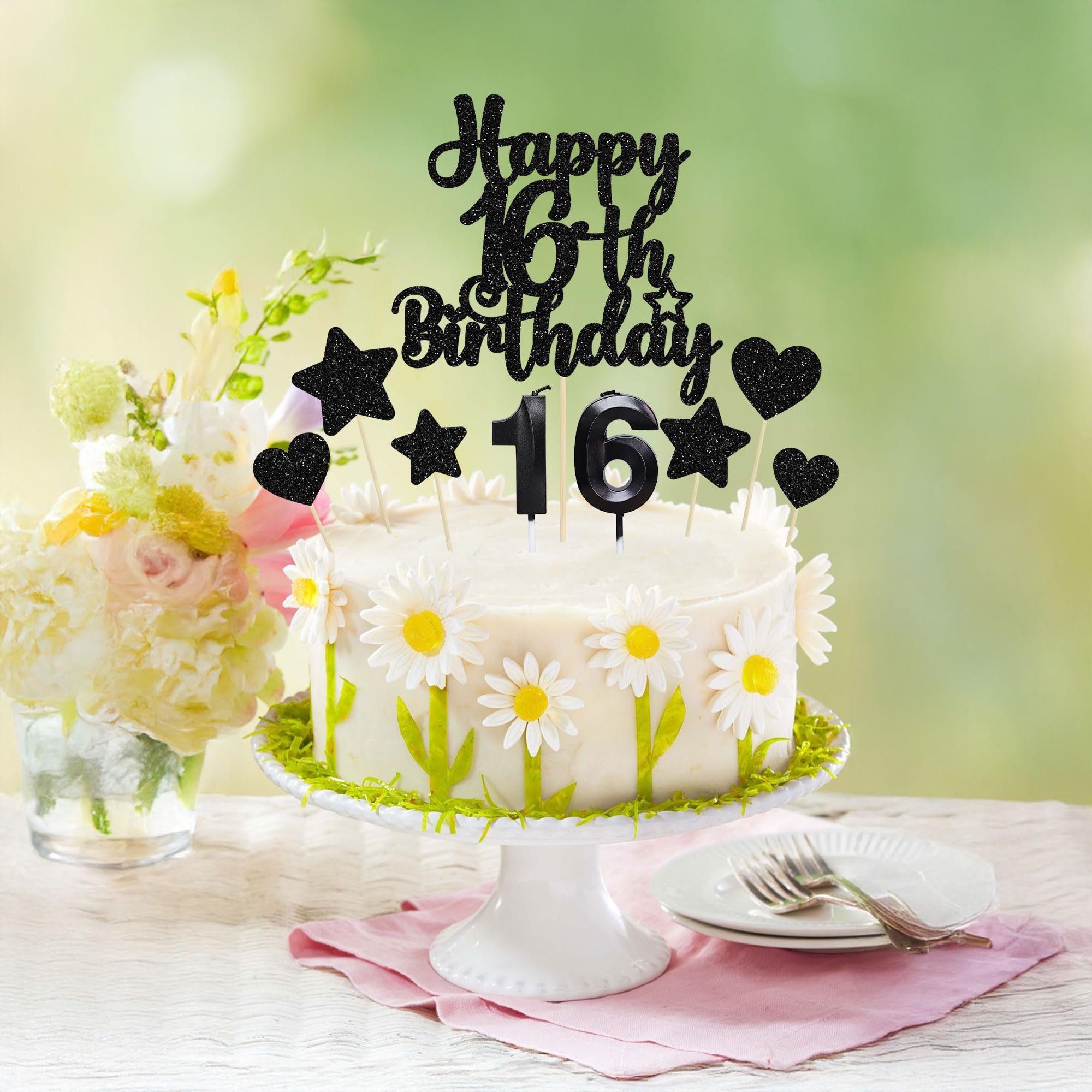 Gyufise 15Pcs Happy 16th Birthday Cake Topper Set including Heart Star Glitter Cheers to 16 Years Cake Picks Number 16 Candles Cake Decorations for Happy 16th Birthday Anniversary Party Supplies Black - Image 4