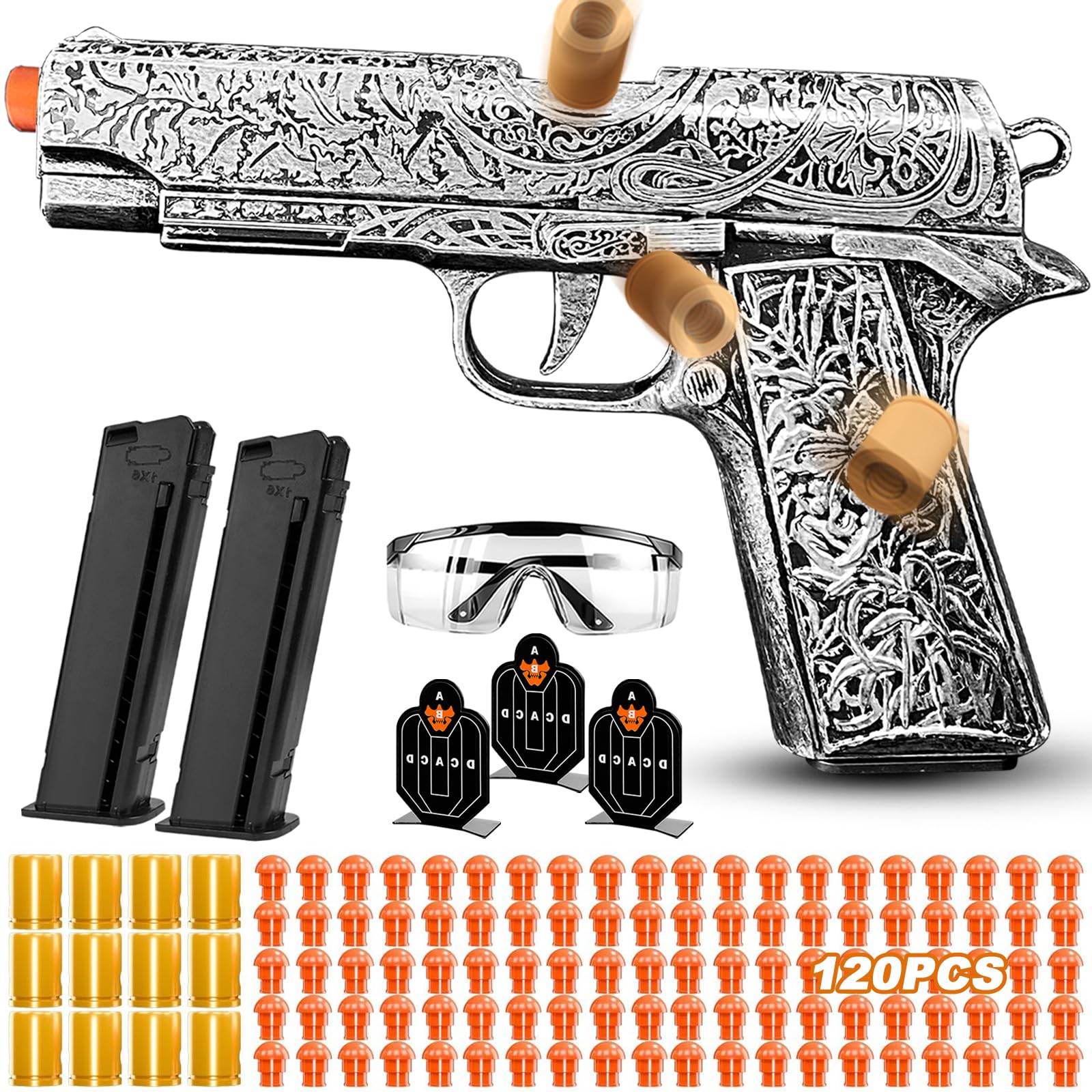Automatic Shell Ejecting Toy Guns with 120 Soft Bullets, Cool Toy Pistol with Ejecting Shells, Retro Pattern Design Shooting Model Toys Gifts for Boys, Kids and Girls