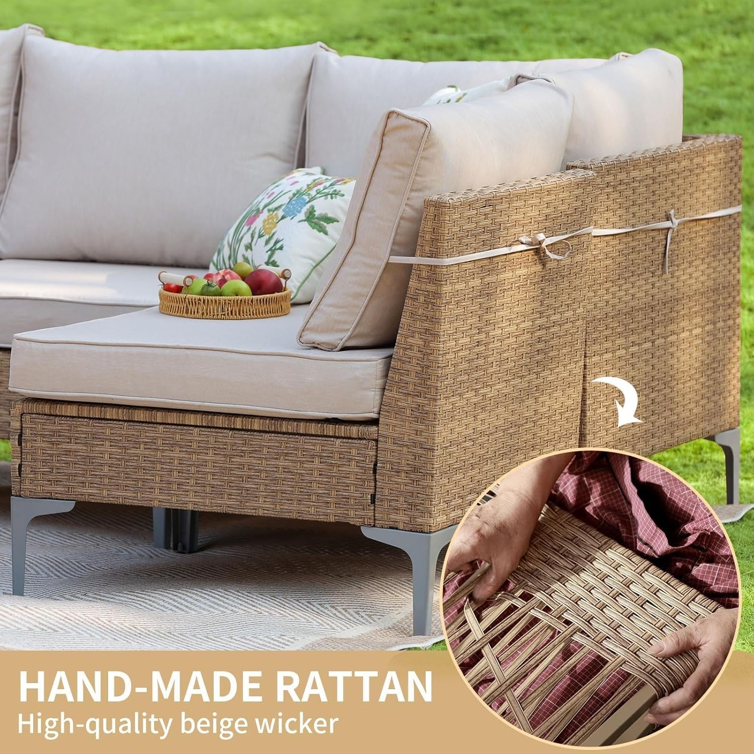 7-Piece Outdoor Patio Furniture Set,Rattan Conversation Sectional Sofa w/Coffee Table, All-Weather Patio Conversation Set with Thick and Anti-Slip Cushions for Backyard,Deck,Beige