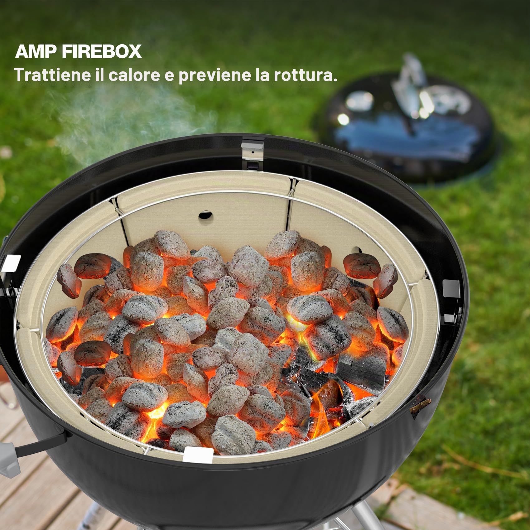onlyfire Kit per Focolare a Carbone, Cestino di Carbone in Acciaio Inox con Pietra di Calore in Ceramica e 4 Staffe di Sollevamento della Griglia, per Griglie a Carbonella Weber Kettle 57 cm