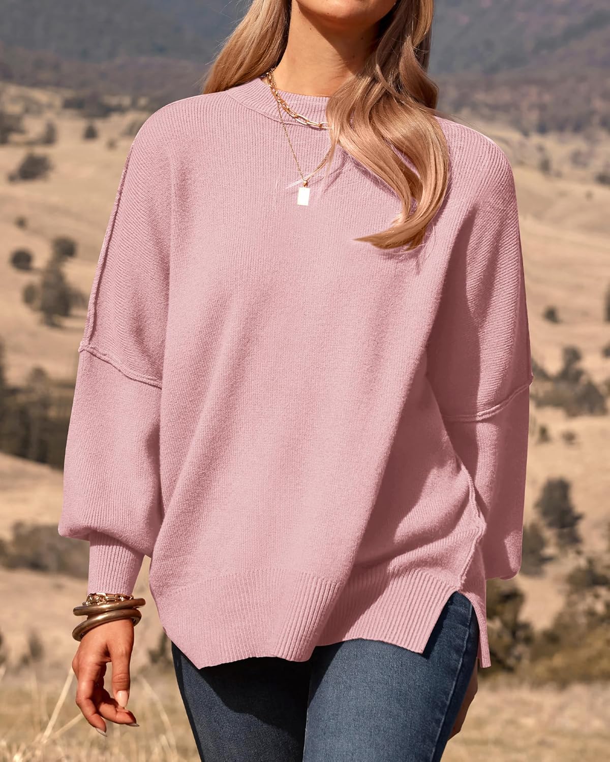 PRETTYGARDEN Women's Oversized Sweater 2025 Casual Fall Outfits Crewneck Long Sleeve Side Slit Chunky Knit Pullover Tops - Image 7