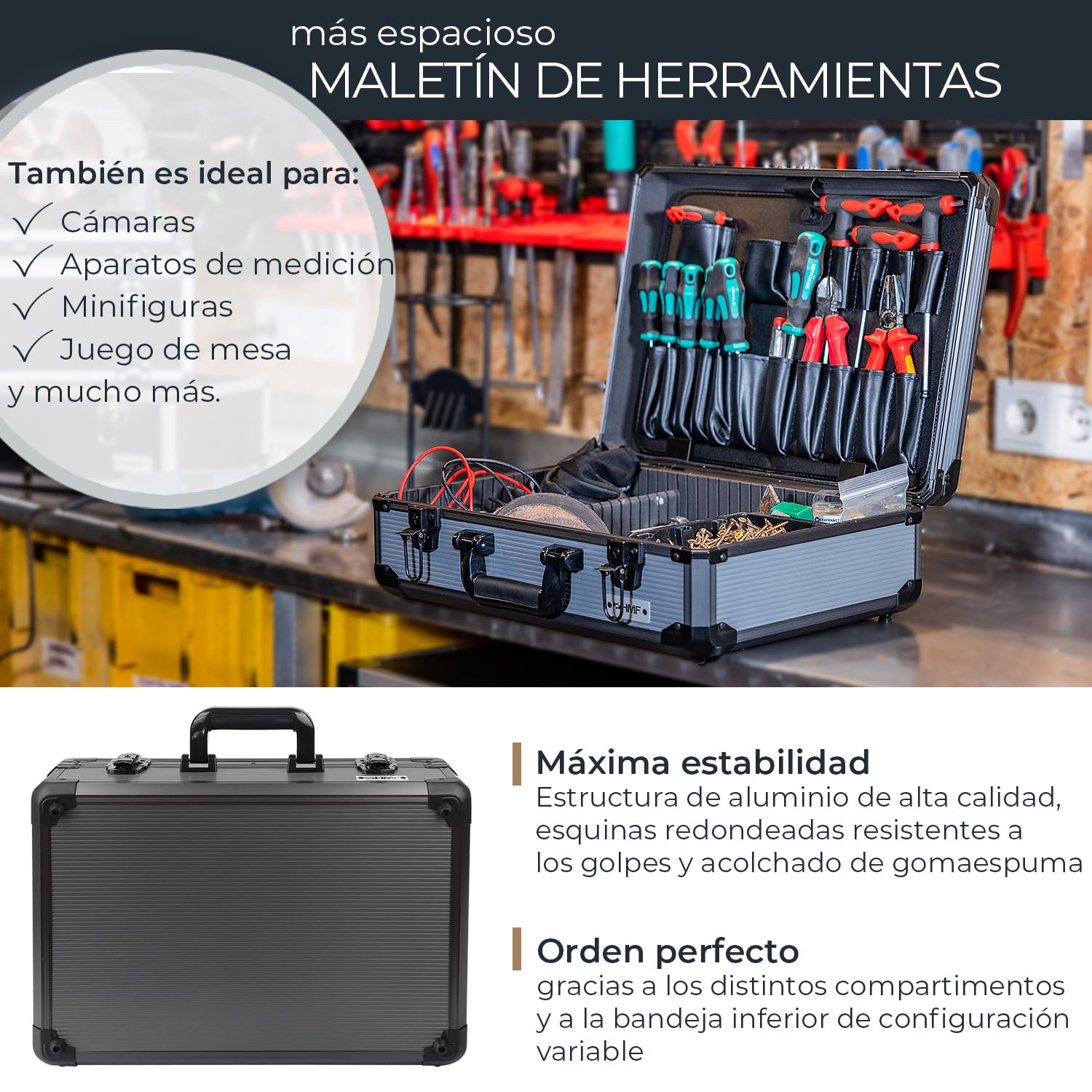 HMF Maletín de herramientas de aluminio vacío con 17 compartimentos insertables, Maletín grande con división interior ajustable | 46 x 33 x 15 cm | Antracita-Negro
