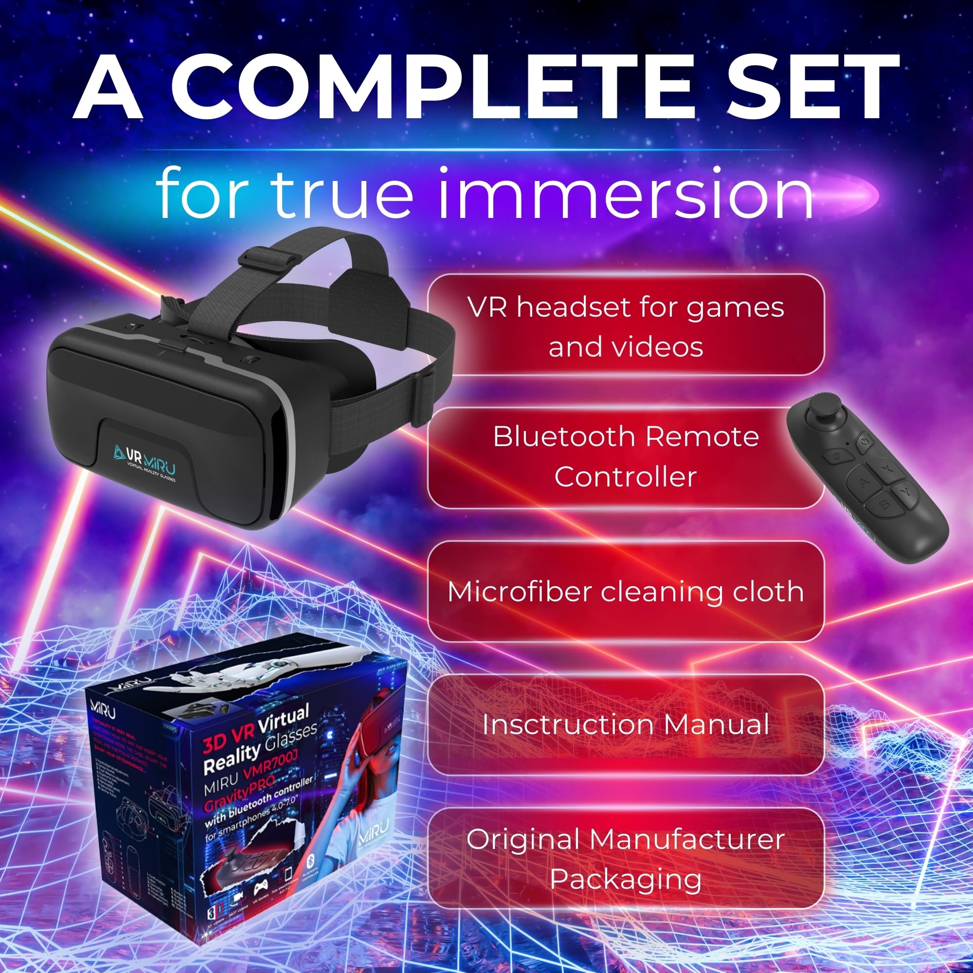 MIRU Visore Realtà Virtuale VMR700J, Occhiali 3D per Giochi e Video con Compatibilità Android e IOS, Visore VR telefono 4.7''-7'', Distanza Focale 37.5-46.5 mm, Cinghie Regolabili + Controller