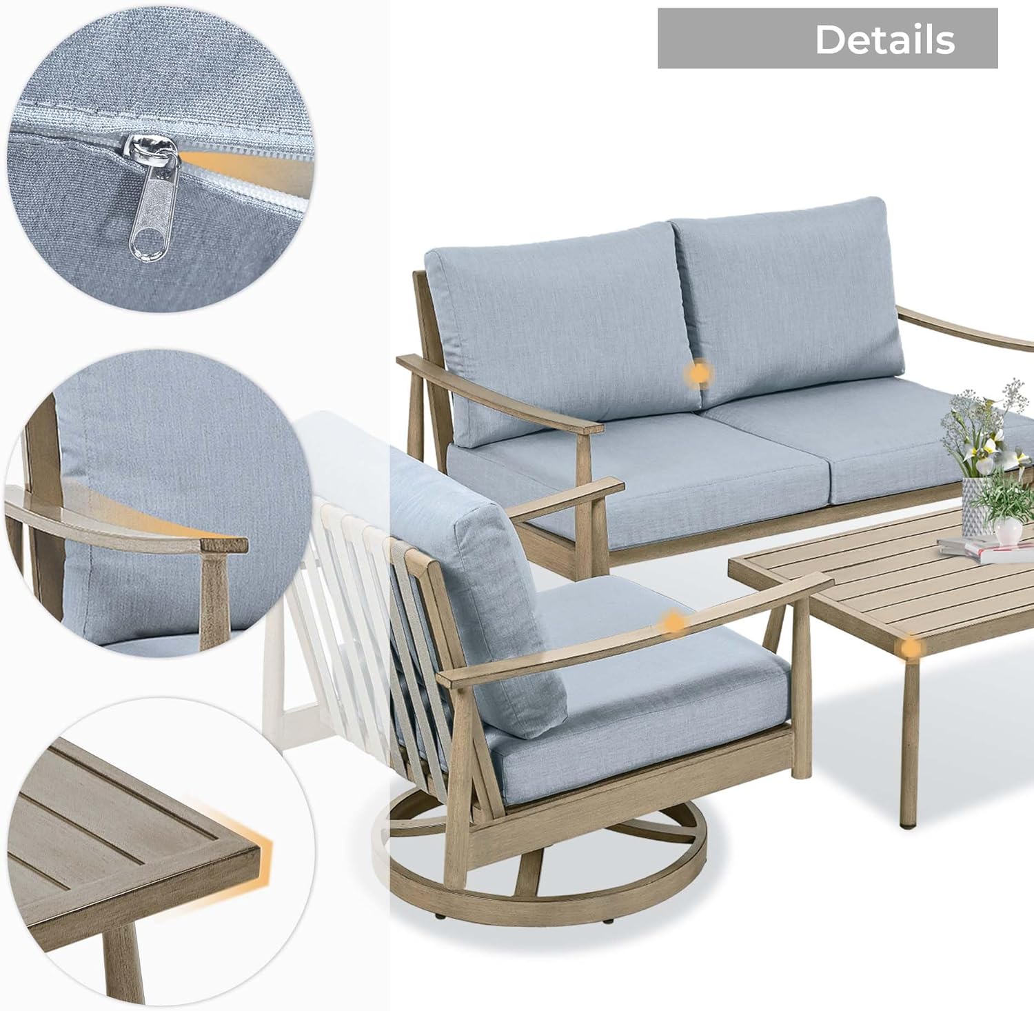 HAPPATIO Patio Outdoor Furniture Set - 4 Piece Aluminum Patio Conversation Set with 1 Coffee Table, 2 Swivel Chairs and 1 Loveseat, Aluminum Outdoor Furniture Set for Backyard Deck Poolside (Brown)