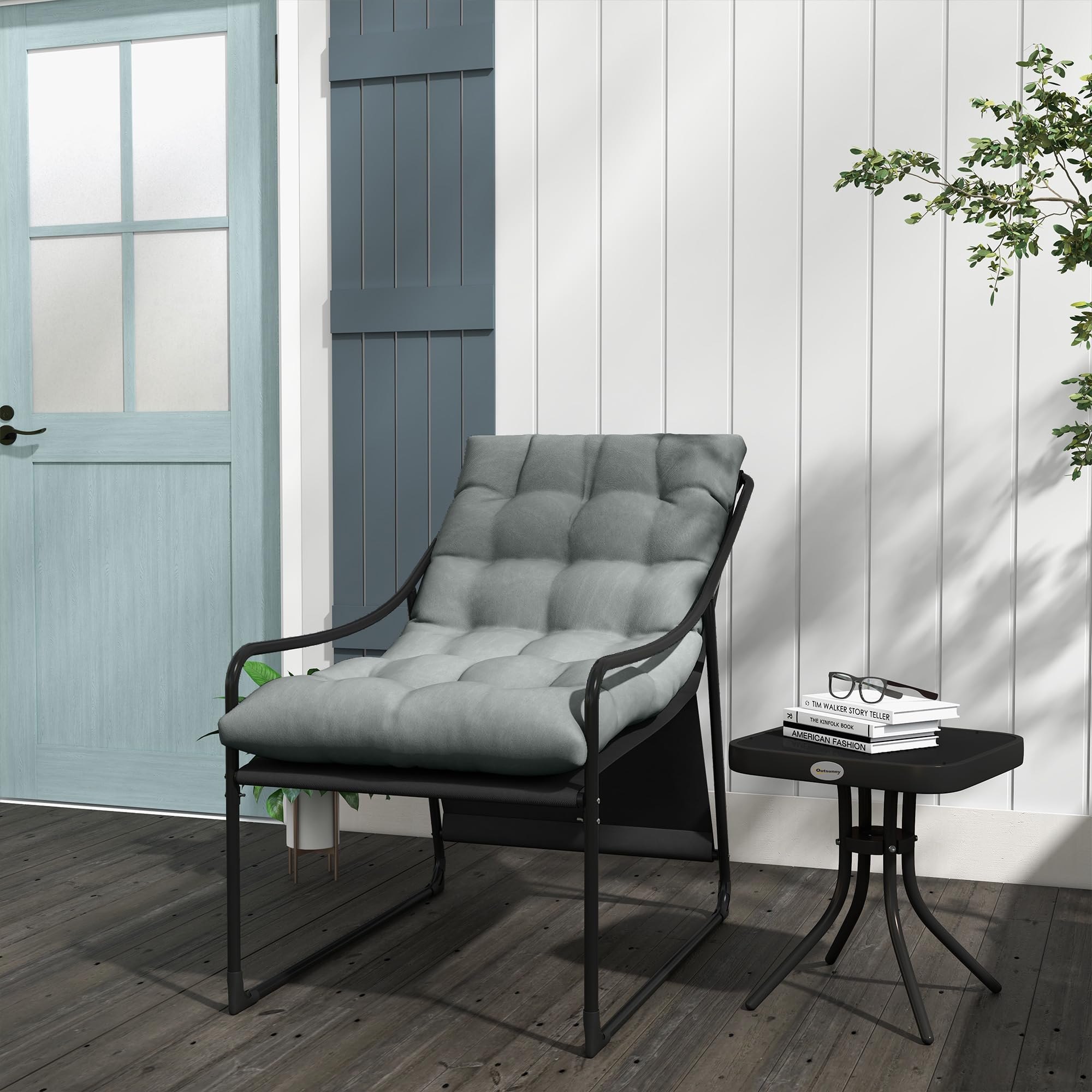 Outsunny Gartensessel mit dickem Sitzkissen mit Armlehne bis 120 kg Grau | Gartenstuhl, Garten Loungesessel, für Garten, Balkon