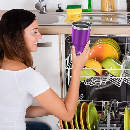 Miniatura 6 de WETOWETO Vaso de 30 oz con 2 tapas y 2 pajitas, de acero inoxidable 188 con aislamiento al vacío, taza de café, taza de viaje con tapa abatible,