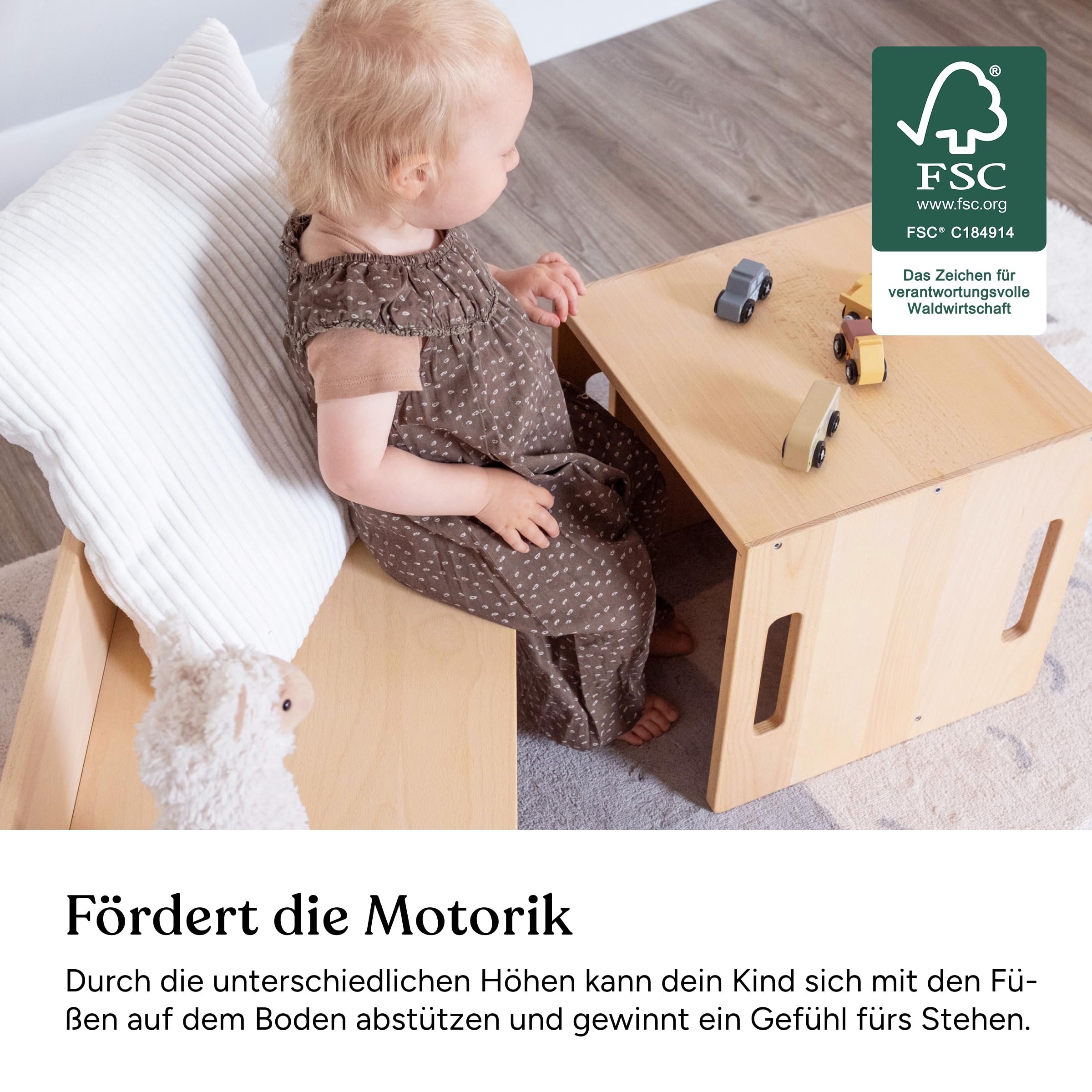 Ehrenkind® Wendebank Kinder, Montessori Sitzbank und Kindertisch 3in1, drehbar für Verschiedene Sitzhöhen, Kinderbank massiv, FSC® Buchenholz