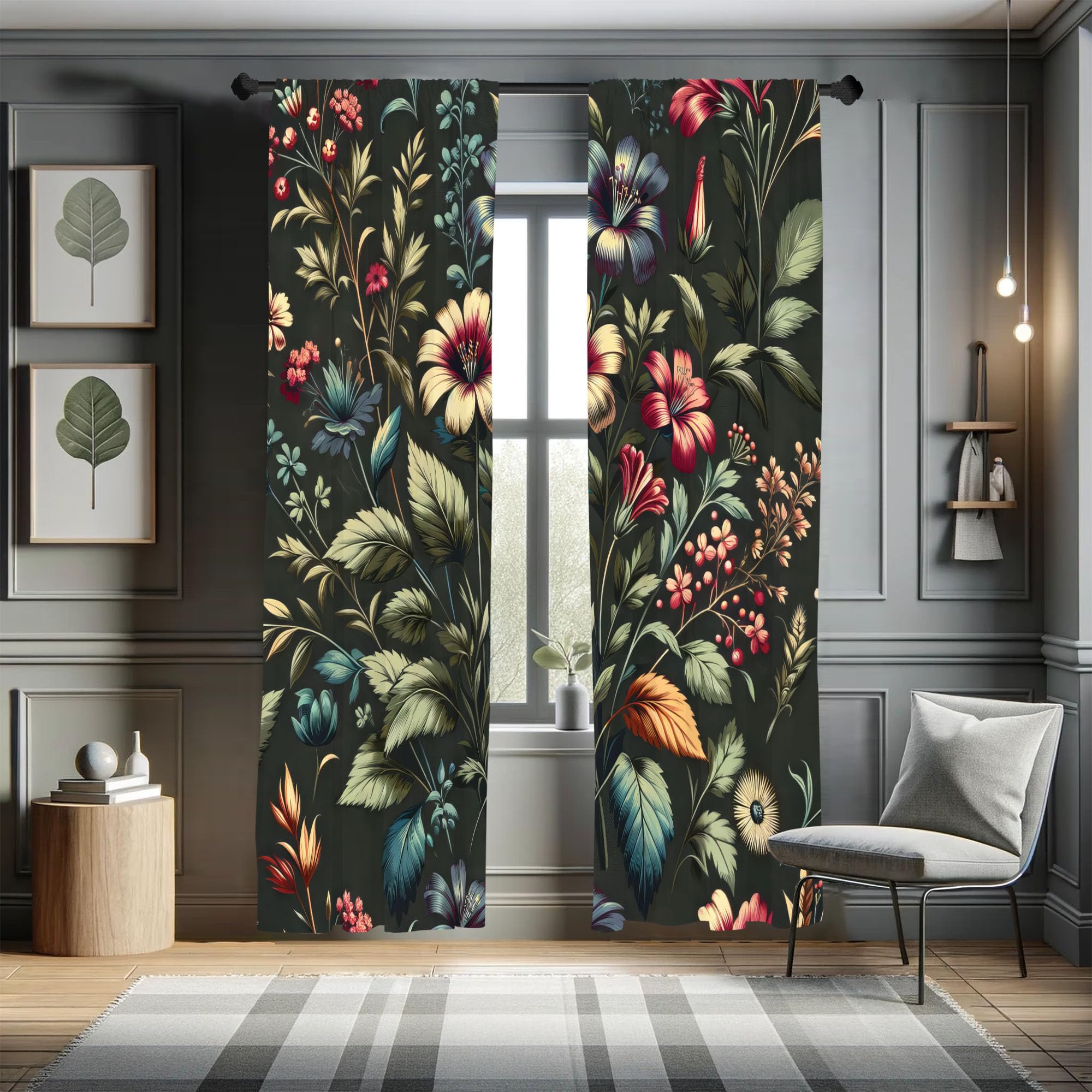 Ambesonne Floral Window Curtains, Nostalgia Concept Leafy Jungle and Hibiscus Flowers with Modern Details, Lightweight Decorative 2-Panel Set & Rod