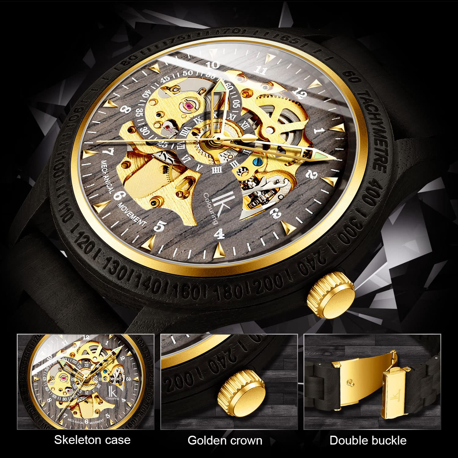 IK COLOURING Mens Watches Luxury Mechanical Wooden Case Skeleton Lumious Automatic Self-Winding Lightweight Genuine Leather BraceletWood Band Wrist Watch product thumbnail 6