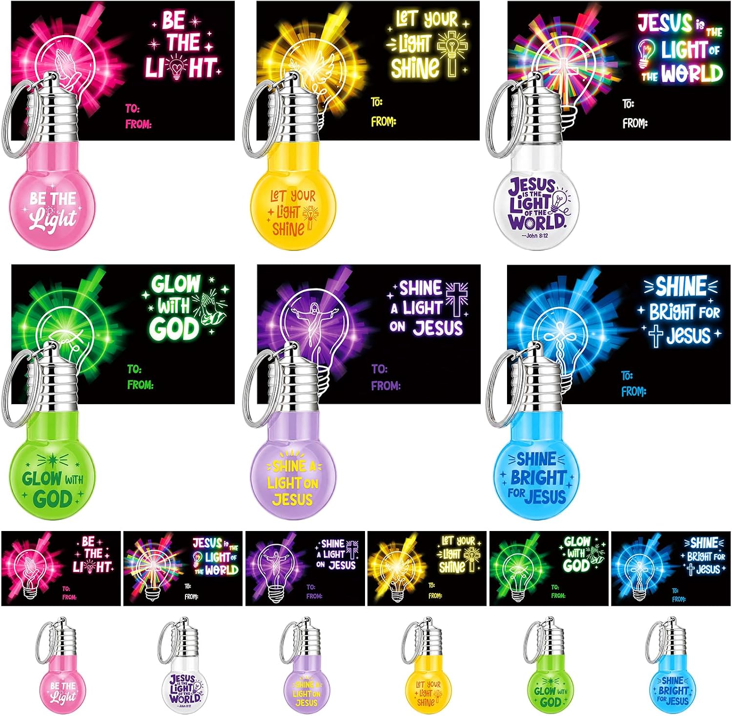 12 Set/24 Pcs 2026 VBS Decorations Jesus is the Light Bulb Key Chain with Christian Card Neon Flashing 2026 VBS Crafts for Christian Party Favors Summer Vacation Church School Gift