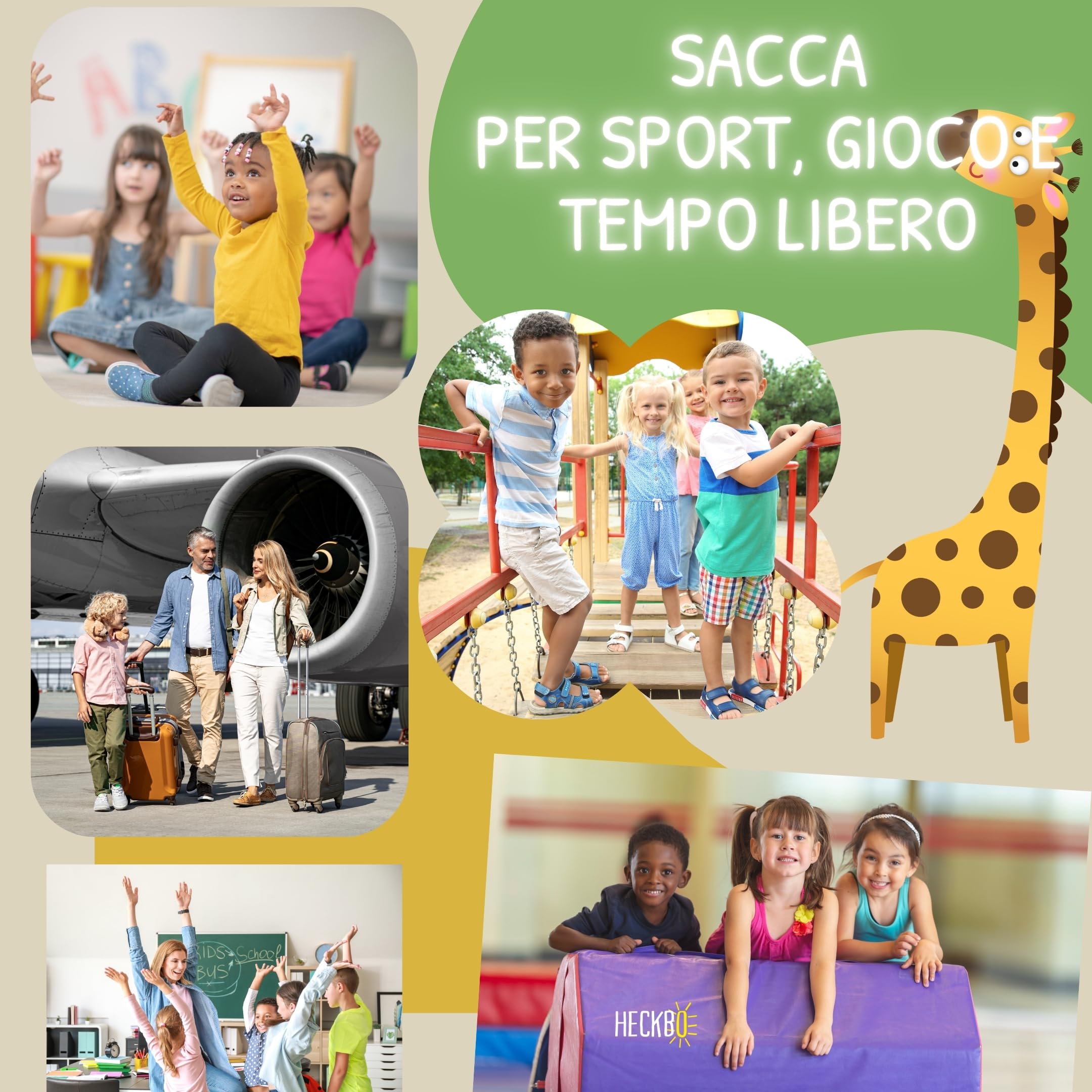HECKBO Sacca per Bambini, Ragazzi e Ragazze con Taschino di Sicurezza per Foto - Giungla - Lavabile in Lavatrice - 40x32cm - Ideale per Asilo, Viaggi, Sport - Zaino, Borsa da Ginnastica