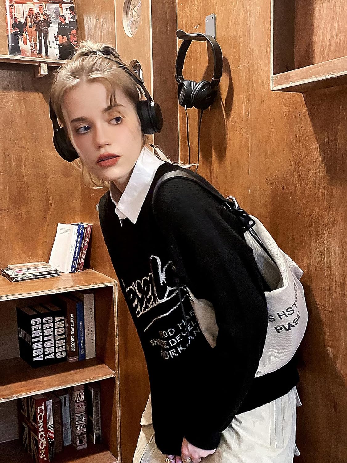 ESENTL Women's Sweater 1pc Slogan Pattern Drop Shoulder Sweater Sweater for Women (Color : Black, Size : Small)