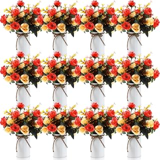 Domensi 12 Sets Wedding Centerpiece for Table, Orange | Artificial Rose with Vase Fake Bouquets and Metal Pot, Arrangements for Bridal Shower Birthday Party Event Table Decor