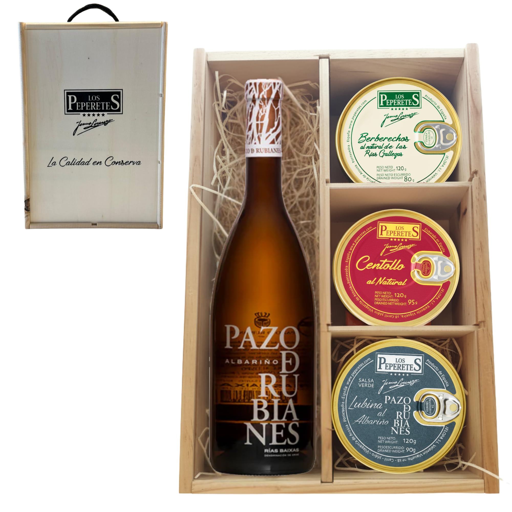 LOS PEPERETES Pack Superior Marisco Gallego con Vino Pazo Rubianes | Berberechos ×2 · Centollo ×2 · Lubina al Albariño ×2 | Lote Gourmet Premium