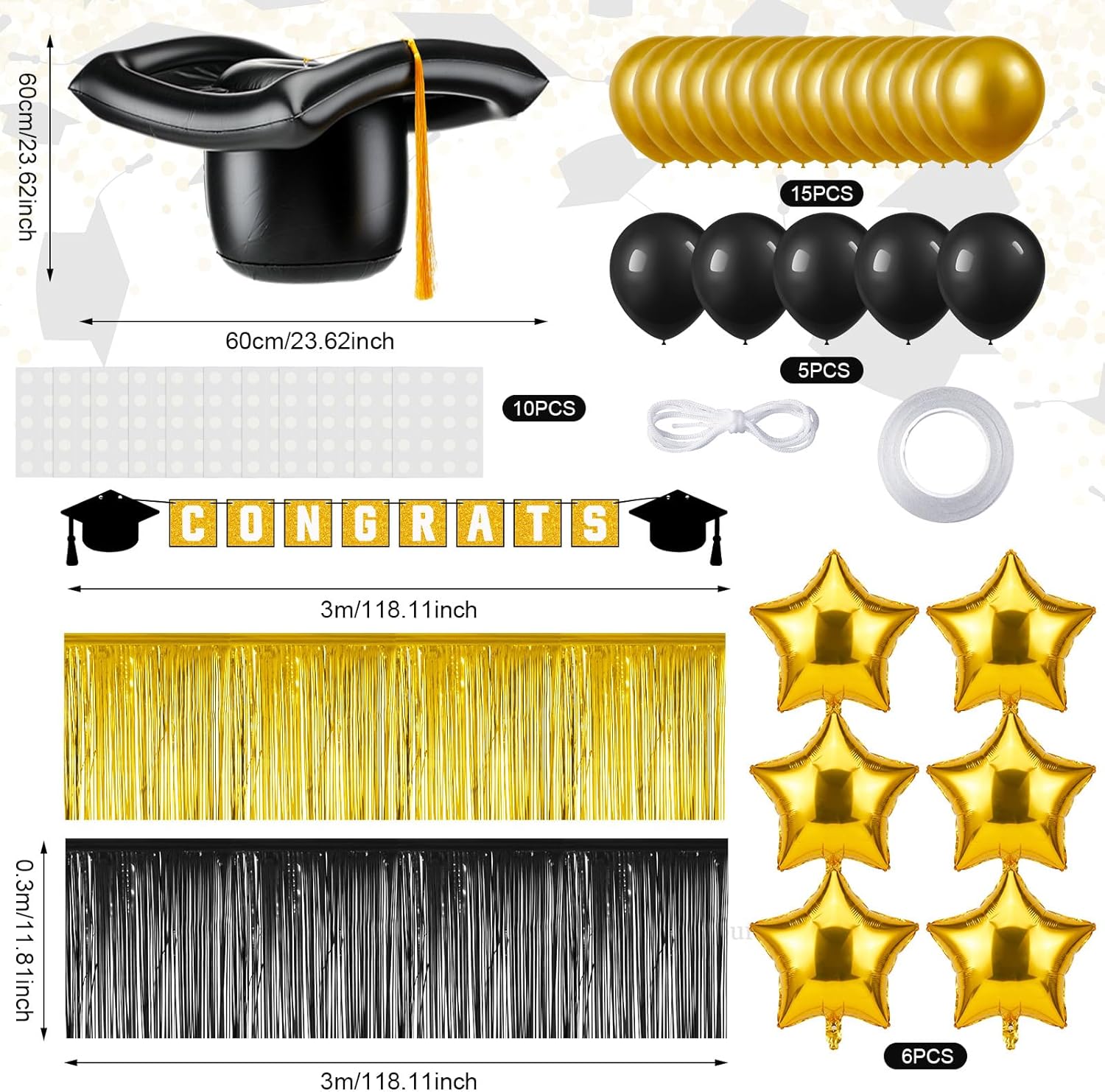 49 Pack Graduation Car Decoration Kit 24 Inches Large Inflatable Black Gold Graduate Hat with Tassel Congrats Fringe Garland Latex Balloon for Car Class of 2026 Graduation Party Decoration