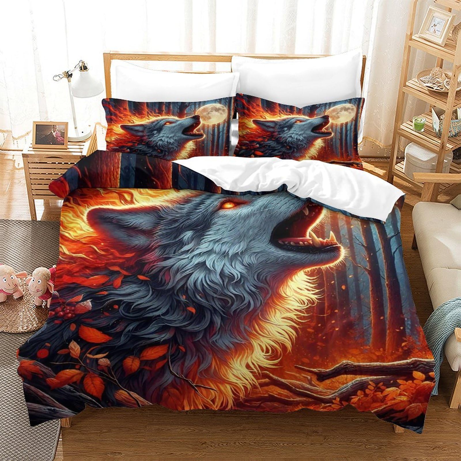 Housse de couette loup 200x200 anti-glissement avec fermeture éclair cachée pour lit double sans plis