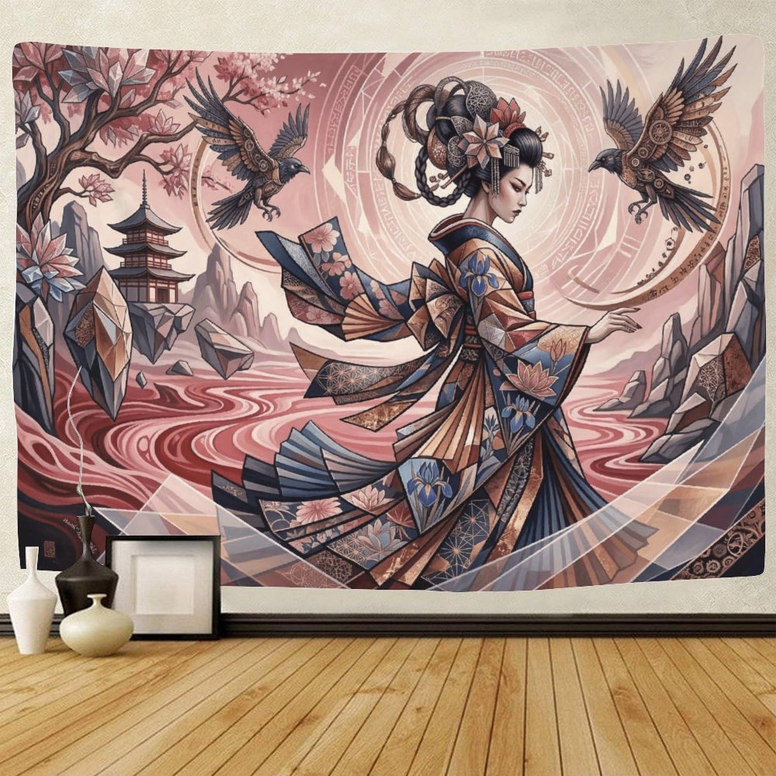 GPMNBCXZK Japanese Geisha 3D Print Wall Art Traditional Kimono Decor for Living Room Bedroom 100cmx150cm