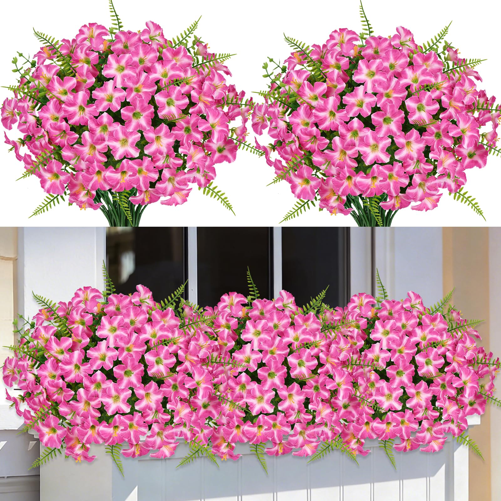 ZOCOYUU 9 Bundles Artificial Plants Fake Flowers for Spring Decoration Vase Silk Purple Morning Glory with Eucalyptus UV Resistant Greenery for Yard Garden Window Porch Patio Home (Rose Pink)