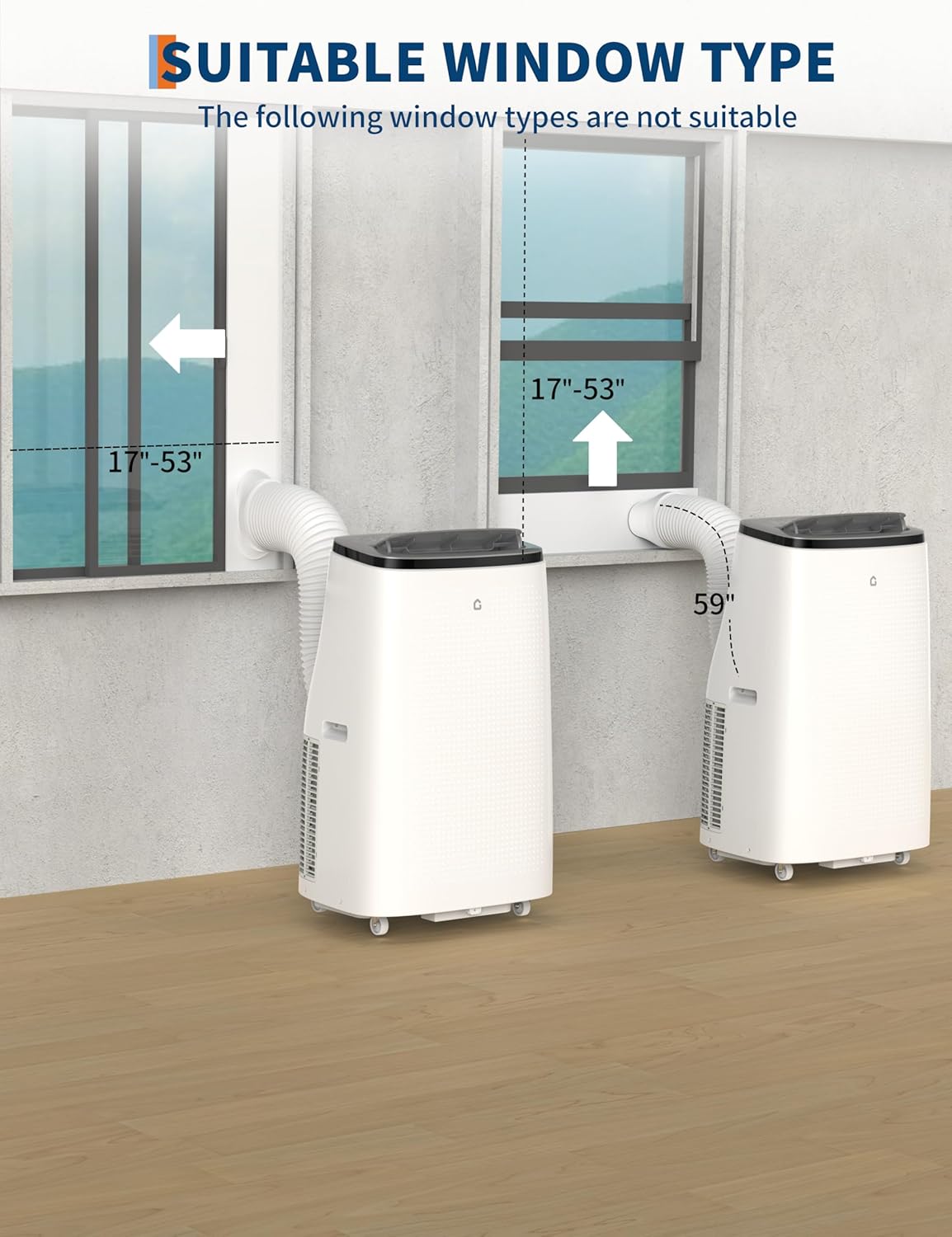 Diagram illustrating suitable and unsuitable window types for the portable air conditioner's window kit, showing vertical and horizontal sliding windows as suitable, and casement/awning windows as unsuitable.