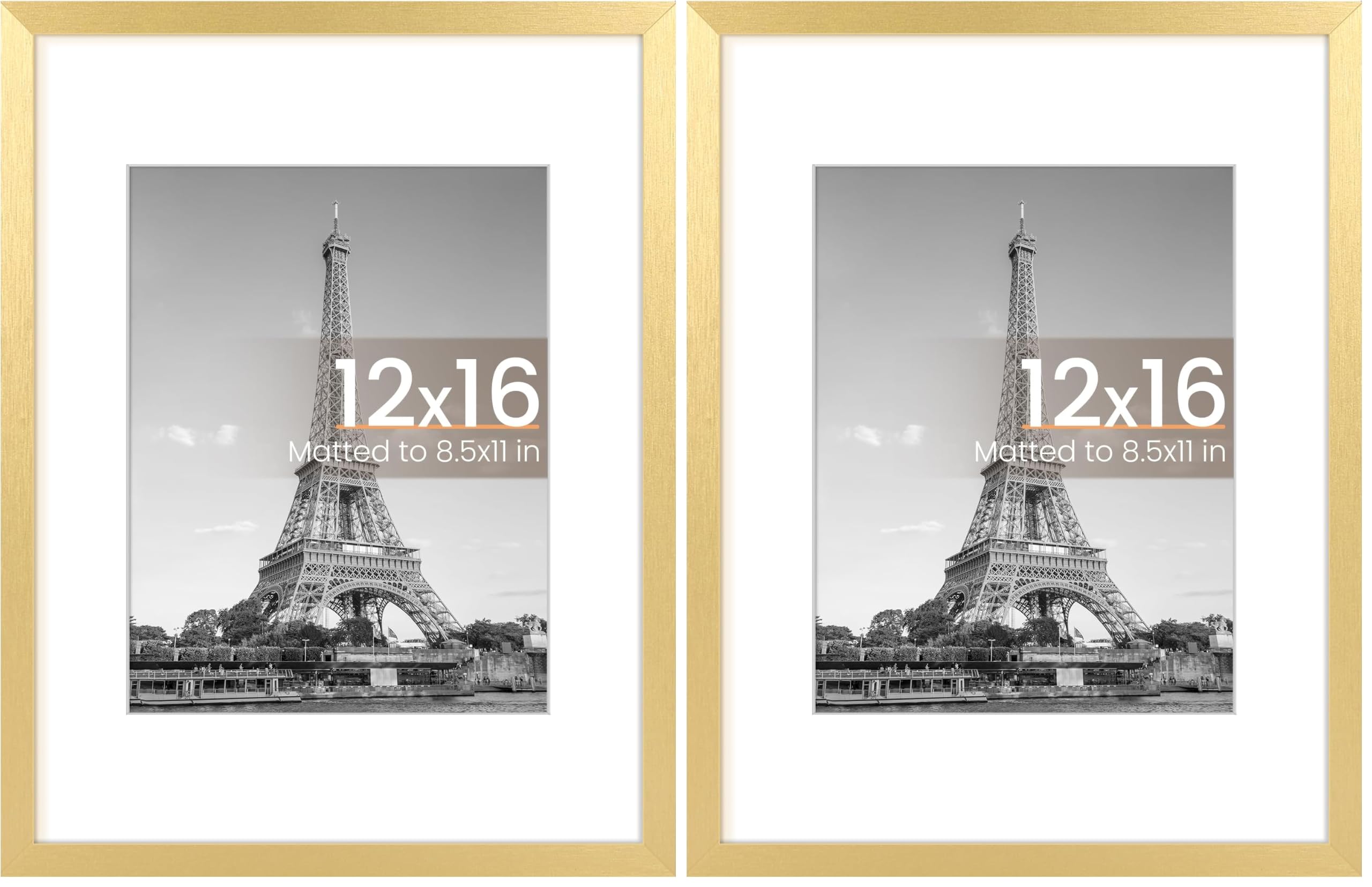 upsimples 12x16 Picture Frame, Display Pictures 8.5x11 with Mat or 12x16 Without Mat, Wall Hanging Photo Frame, Gold, 2 Pack