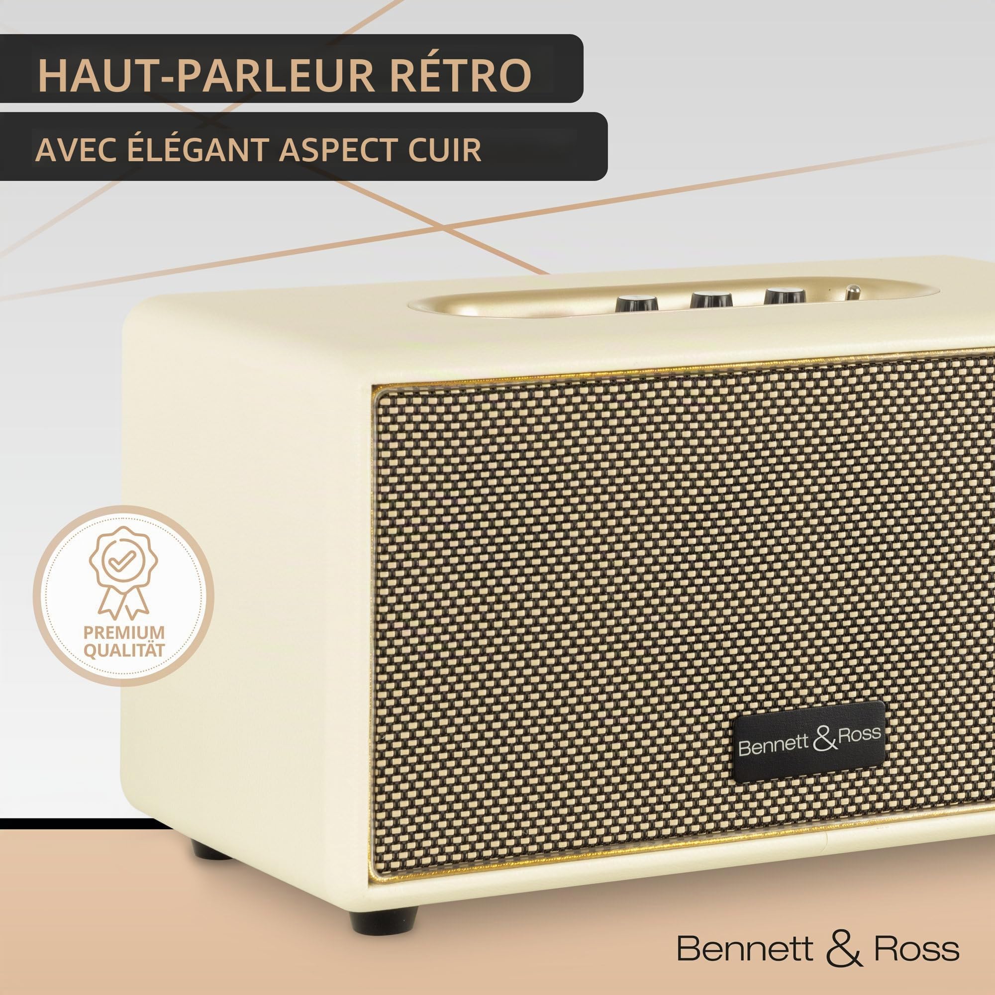Bennett & Ross BB-860CW Blackmore Haut-Parleur Bluetooth rétro en Cuir - Haut-Parleur Vintage avec 2X 30W - Speaker Entrée USB avec Lecteur MP3 - Jack 3,5 mm avec aux-in - Enceinte Blanc créme