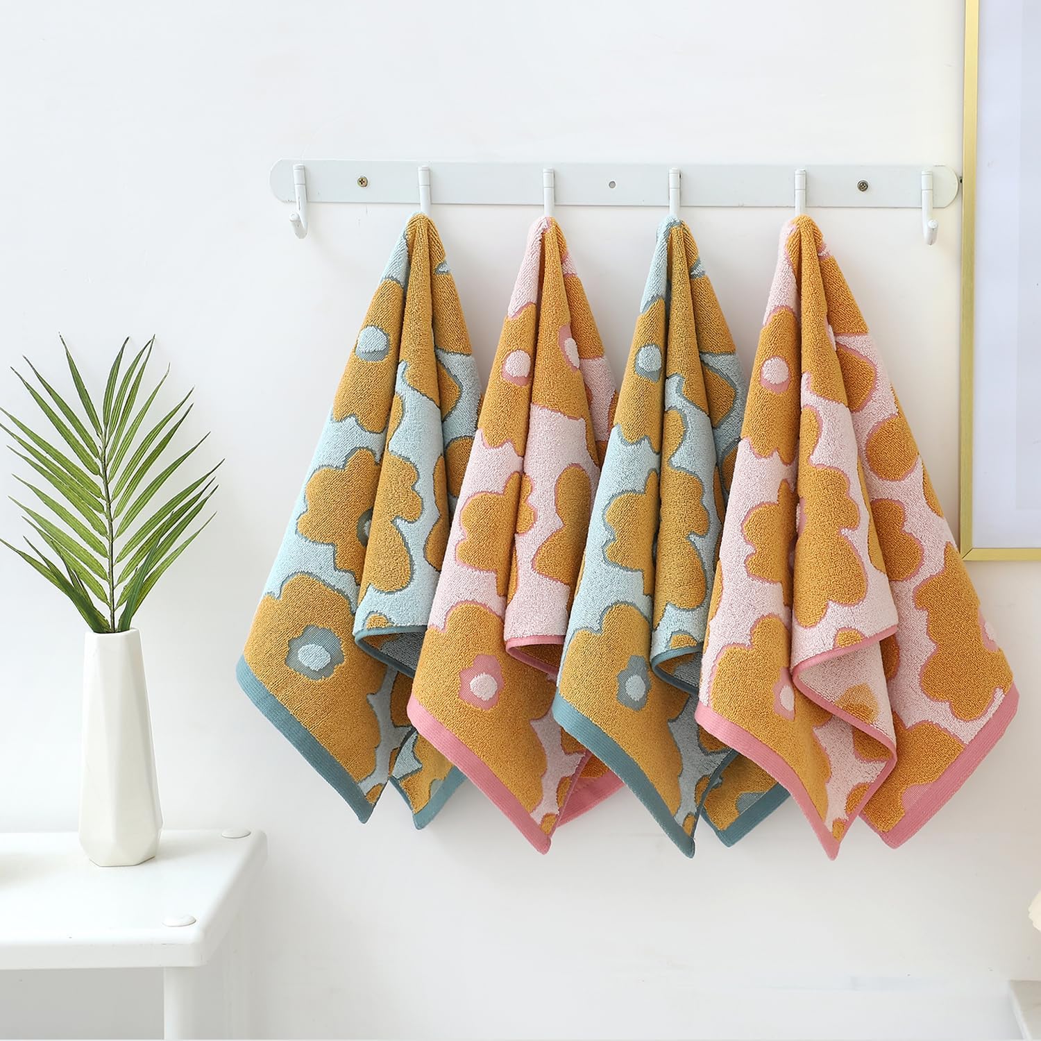 Pidada Hand Towels Set of 4 Floral Pattern 100% Cotton Absorbent Soft Decorative Towel for Bathroom (Aqua Blue & Pink) - Image 4