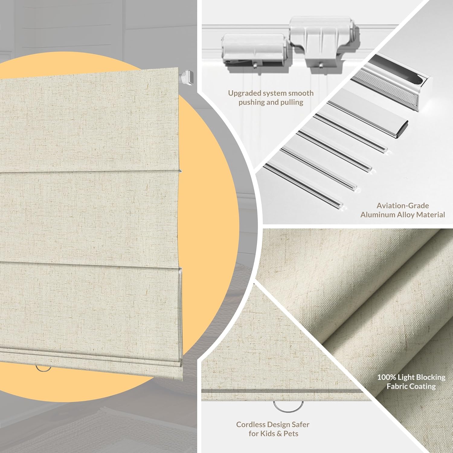 Boolegon No Drill Cordless Roman Shades for Windows, No Fray Blackout Roman Blinds No Tools, Easy Install for Indoor Windows,Living Room,Bathroom, Bedroom, Beige, Custom Size