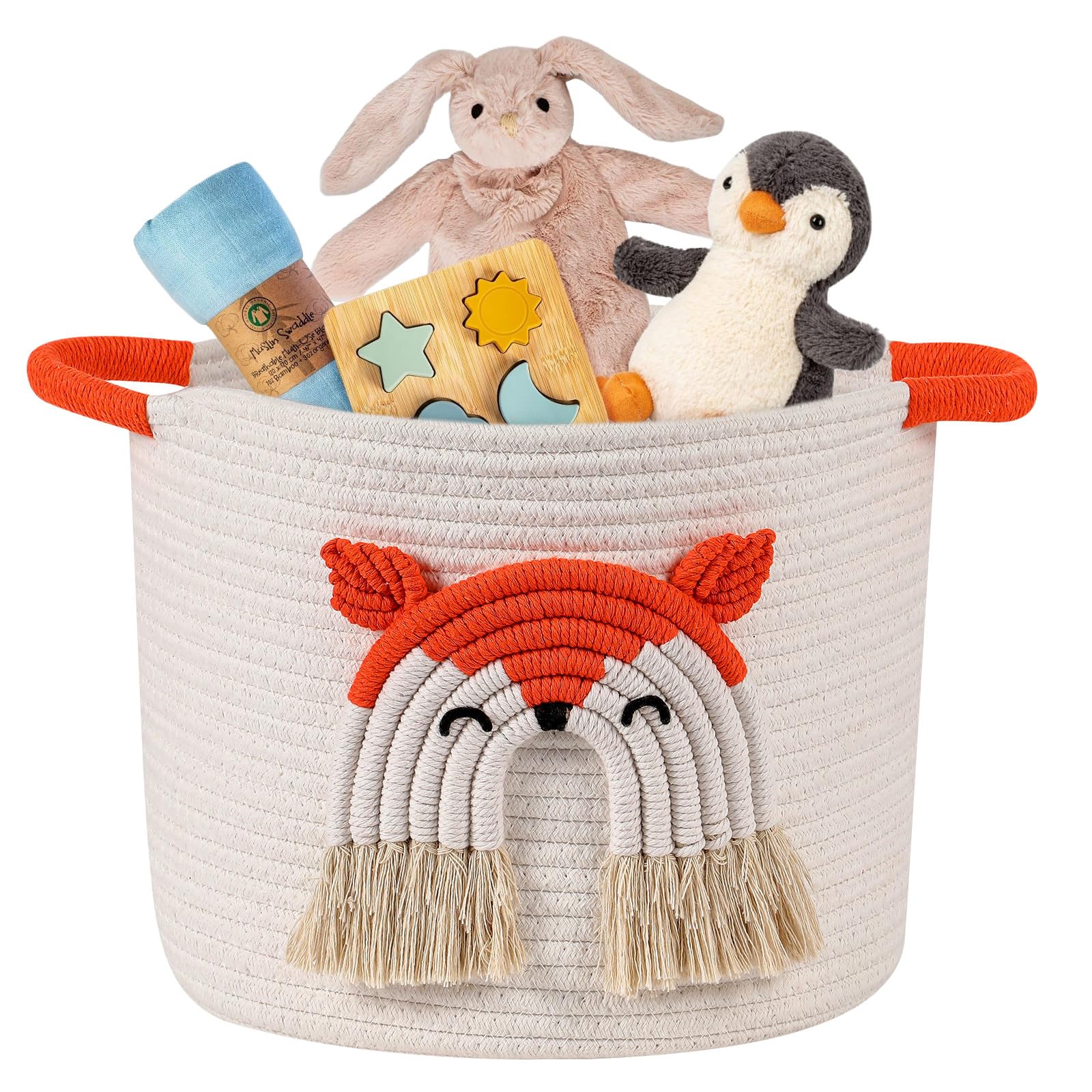 Toy Storage Basket Woven Cotton Rope Cute Cartoon Design, Multifunctional Storage with Handle, Ideal for Kids Pets, Nursery